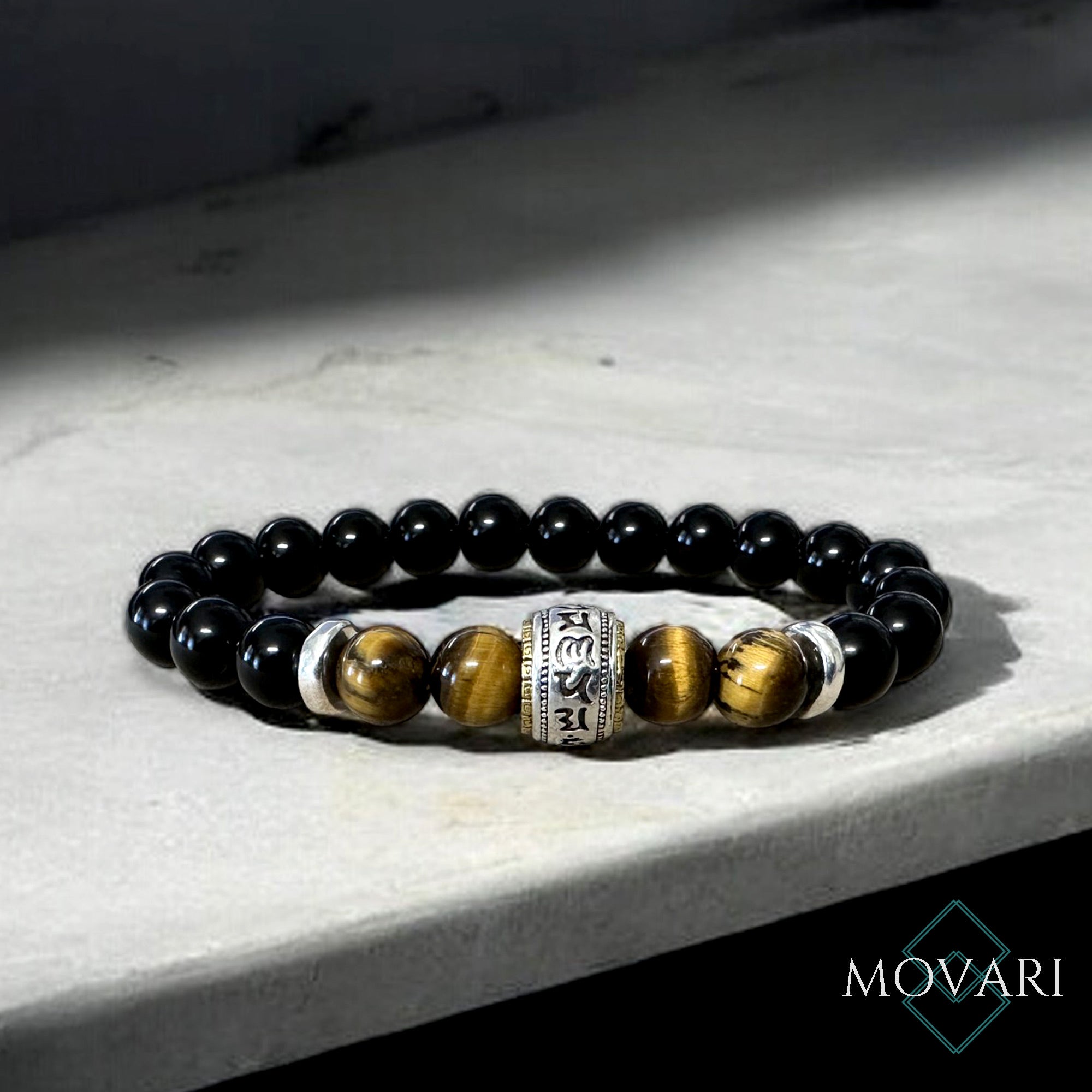 6 Syllable Beaded Elastic Bracelet Om Mani Padme Hum Tigers Eye