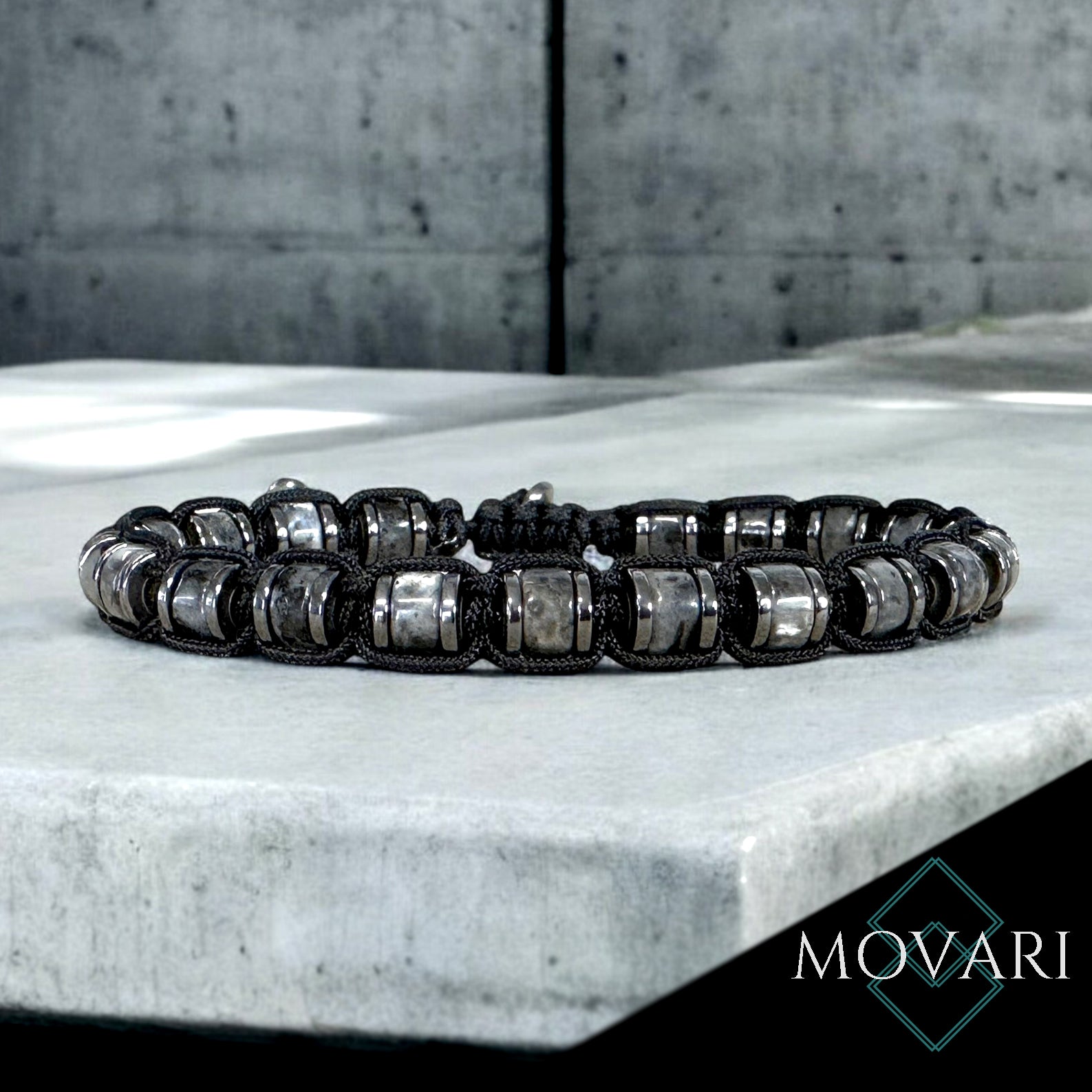 Adjustable Macramé Bracelet Larvikite Hematite Mens Casual