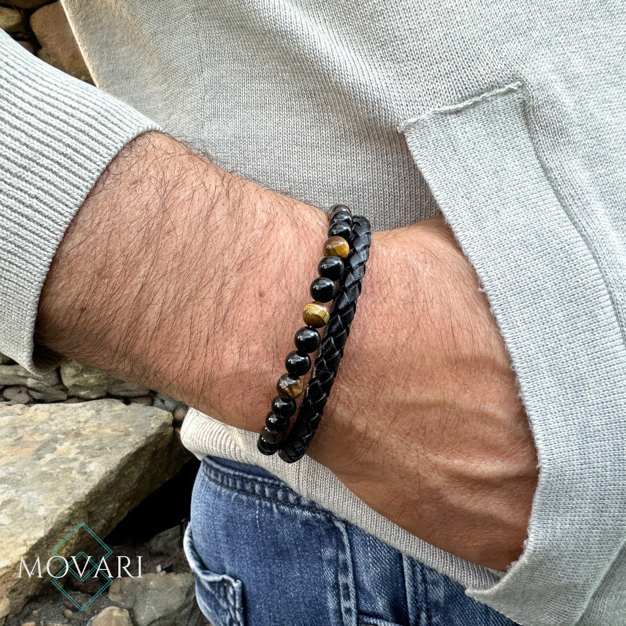 Black Obsidian bead bracelet for men braided leather handcrafted wrist band