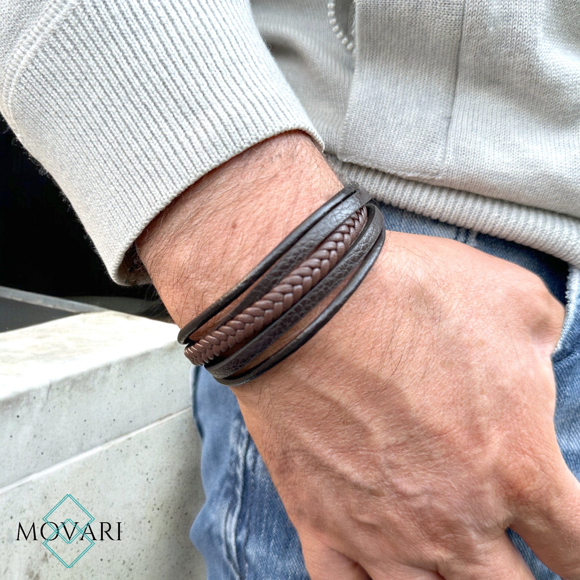 bohemian layered bracelet for men leather and steel handmade in the USA