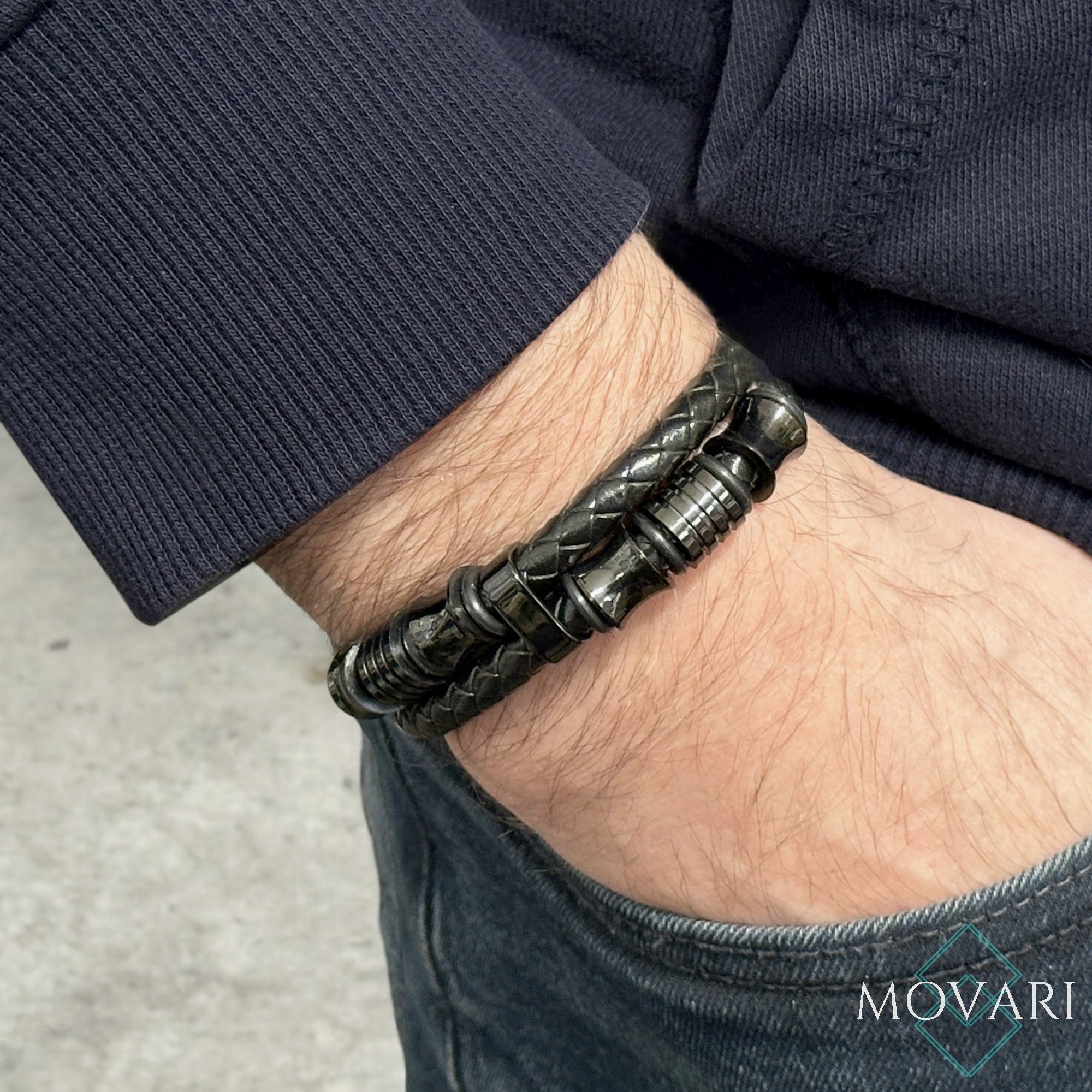 Bold leather bracelet for men wide band biker bracelet gifts for men handcrafted in the USA Movari Jewelry