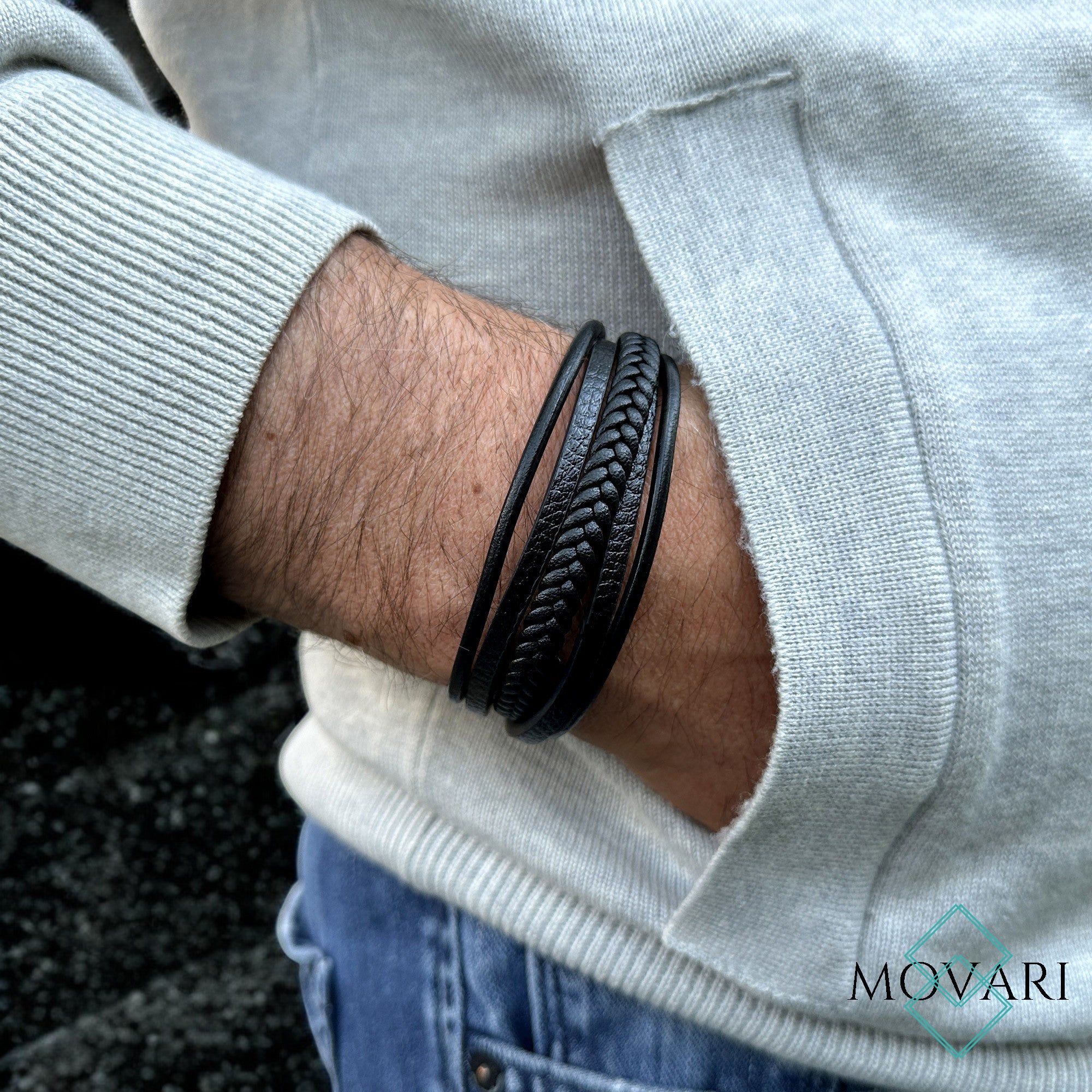 quality black leather bracelet makes the perfect gift for him. Movari Jewelry USA