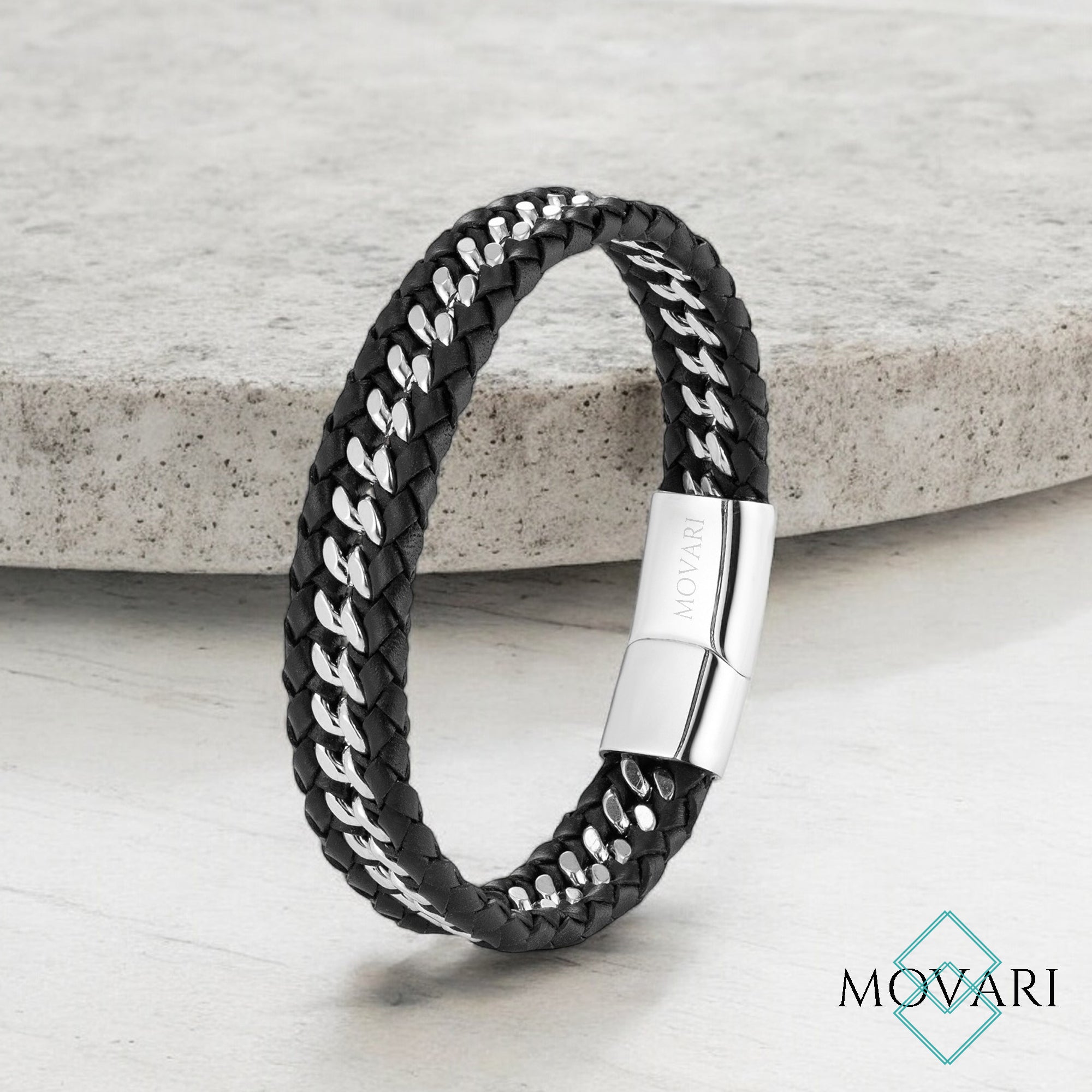 Cuban link and leather braided bracelet handcrafted in the USA