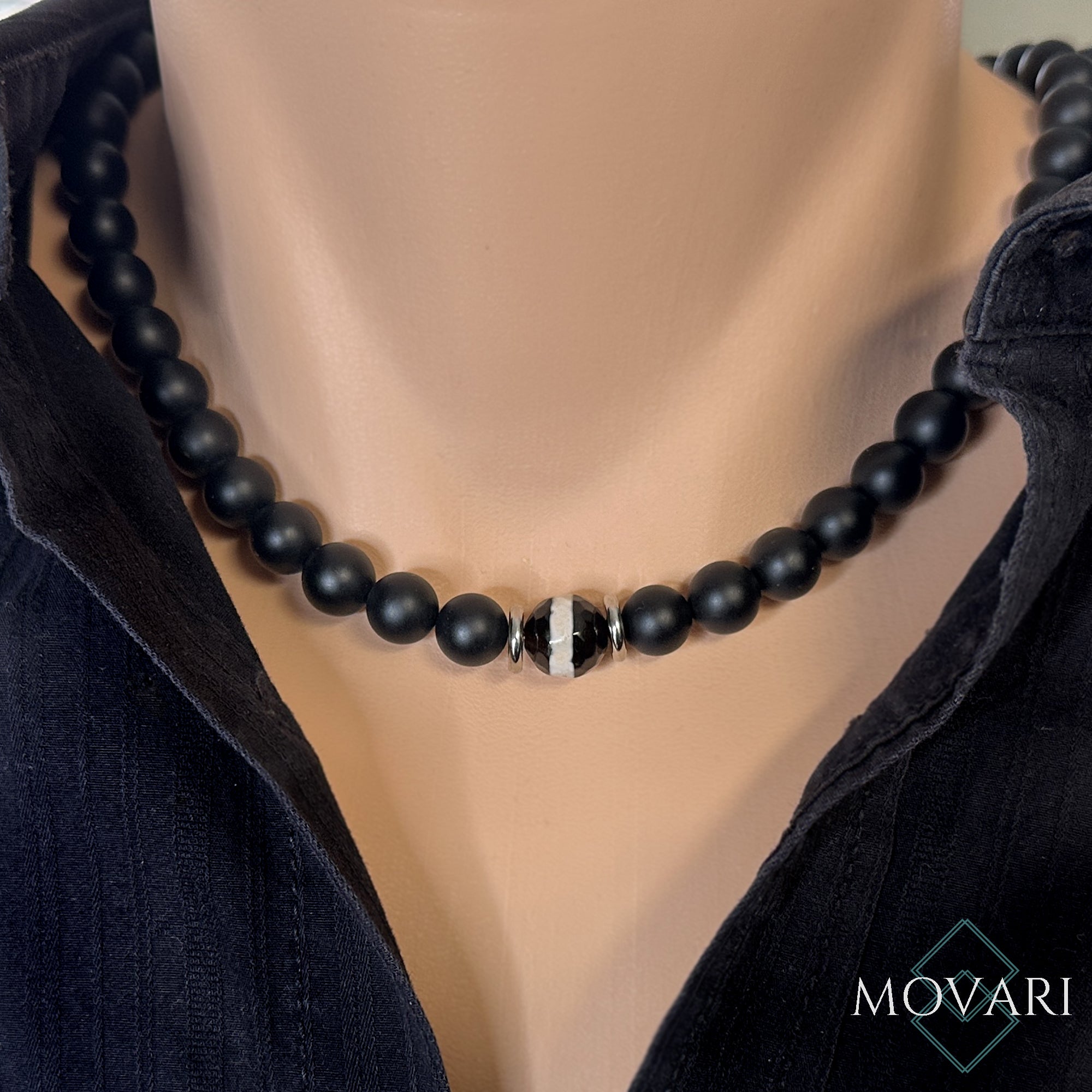 Mens Dzi Bead Necklace 10mm Tibetan Black Onyx Spiritual Jewelry