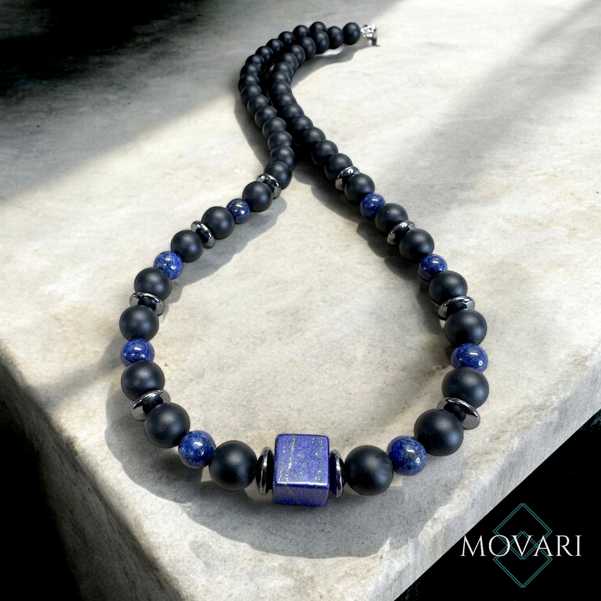 Lapis Cube 10mm Mens Beaded Necklace Onyx Hematite Water Safe