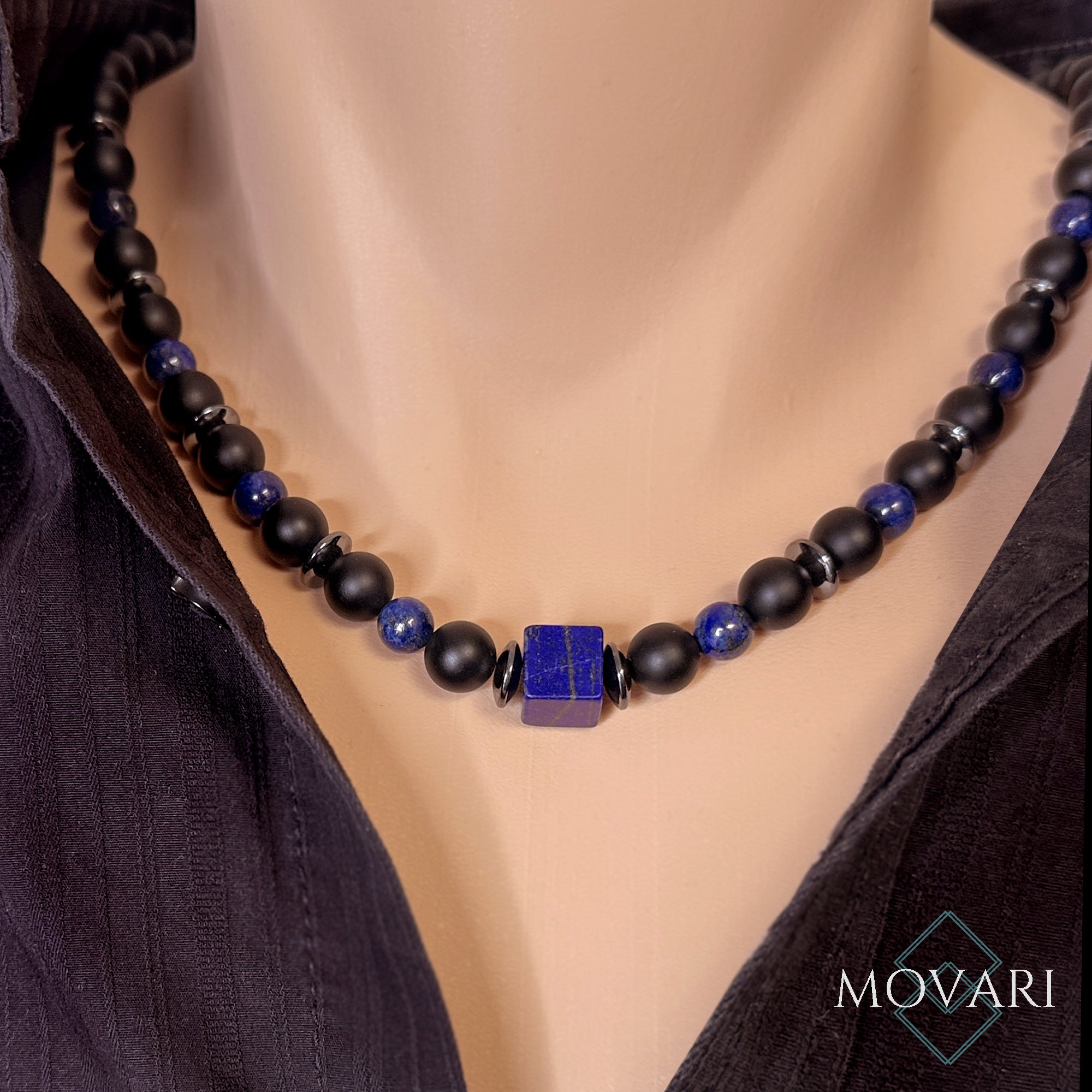 Lapis Cube 10mm Mens Beaded Necklace Onyx Hematite Water Safe