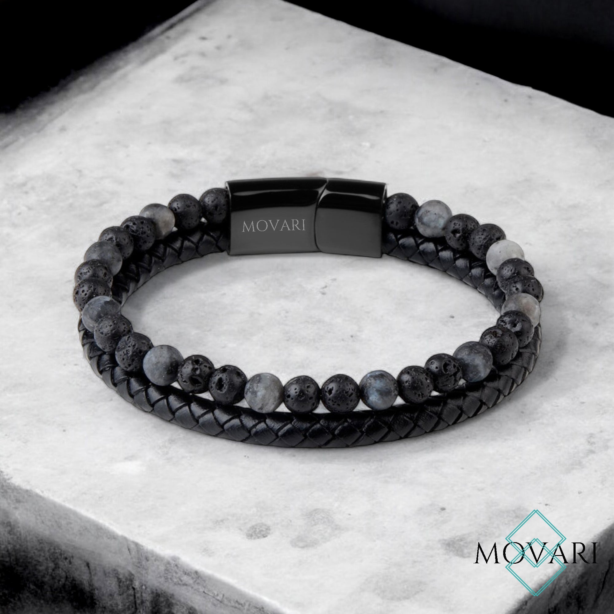 Larvikite and Lava Men's Leather Bracelet