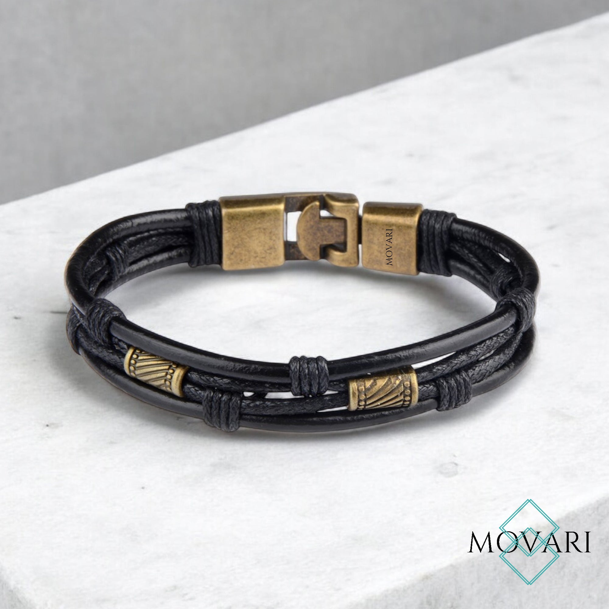 Layered black leather bracelet for men modern men's jewelry Movari USA
