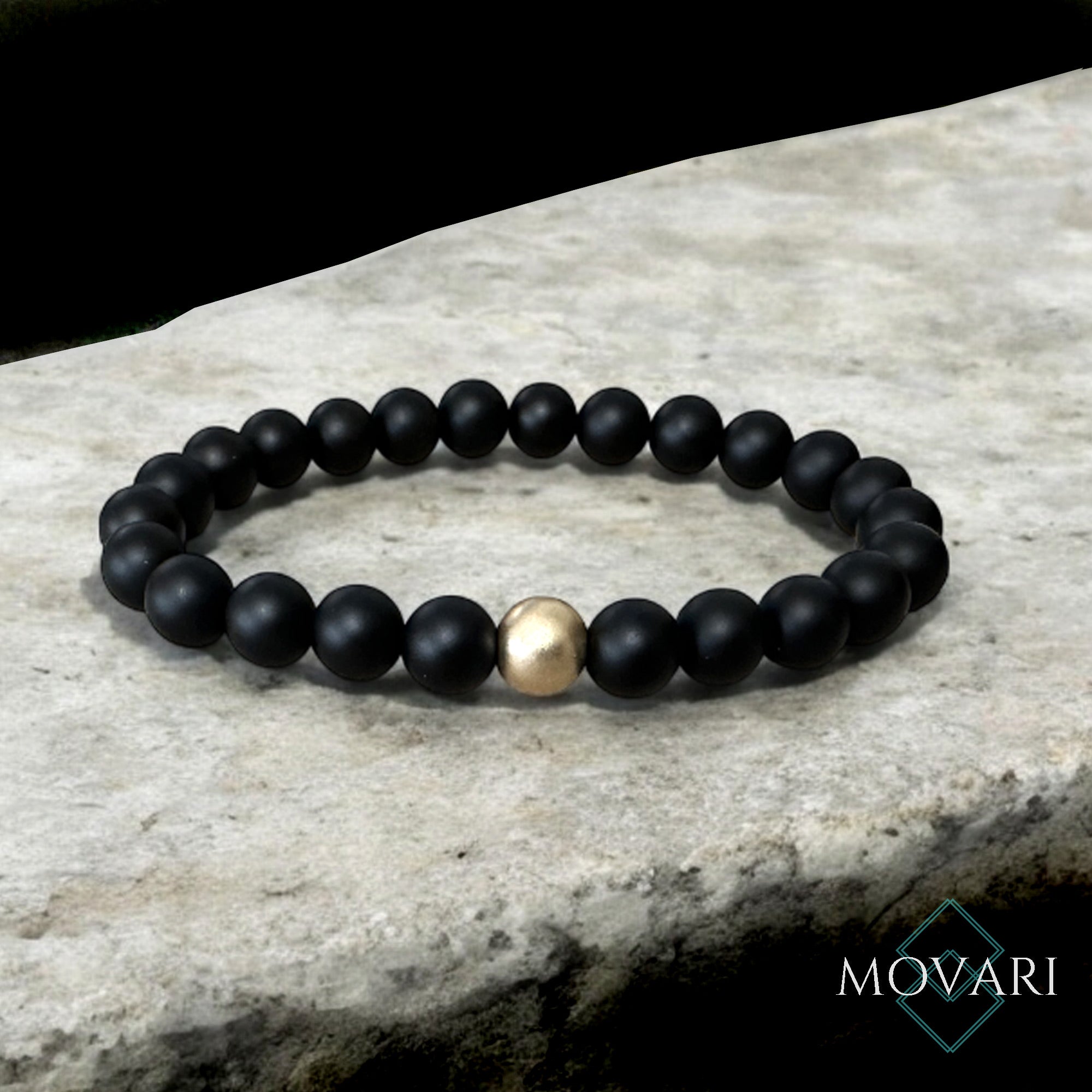 Sand Blasted 14k Gold Matte Onyx Mens Bracelet