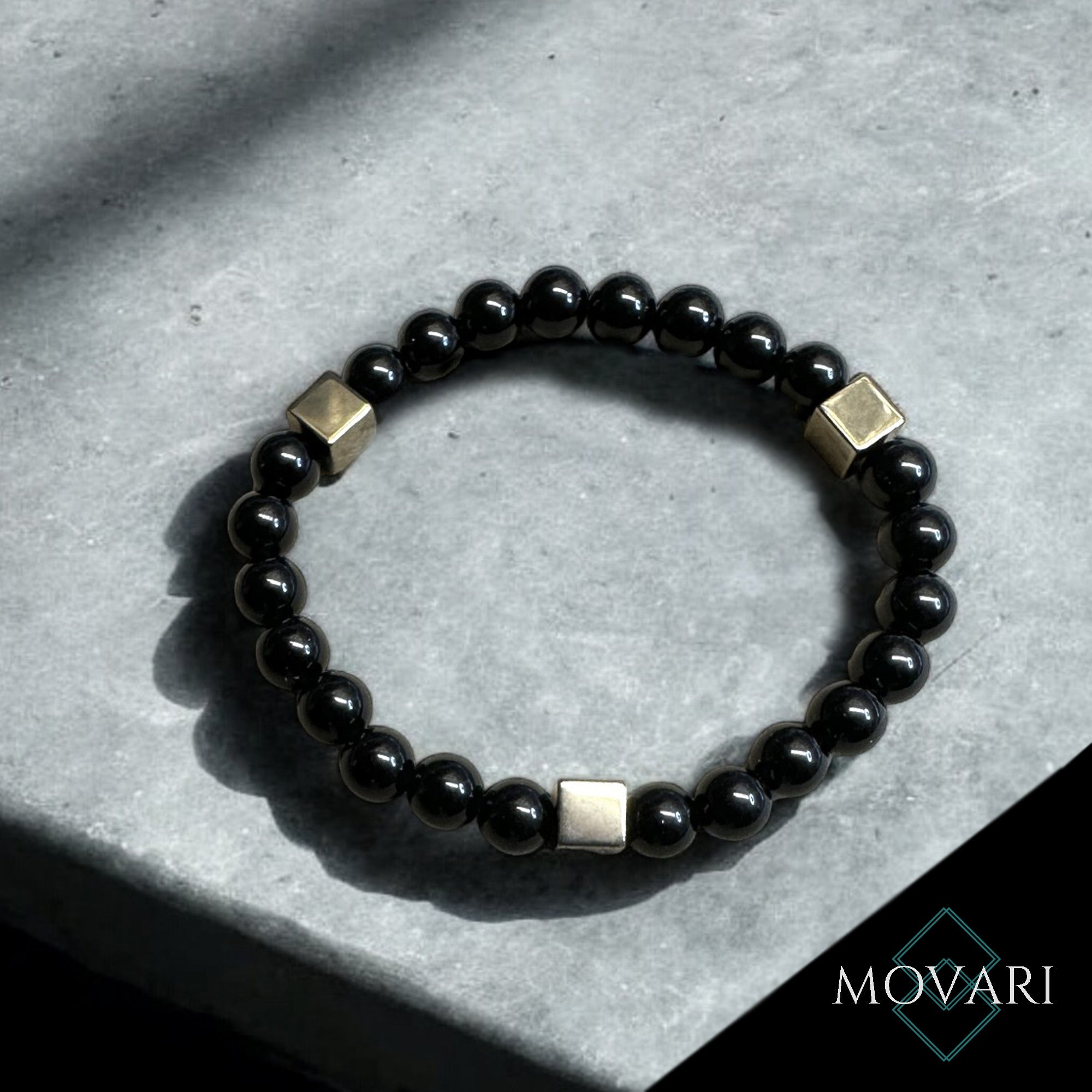 Wealth Success Men's Trendy Bracelet Black Obsidian Pyrite Cube 6mm