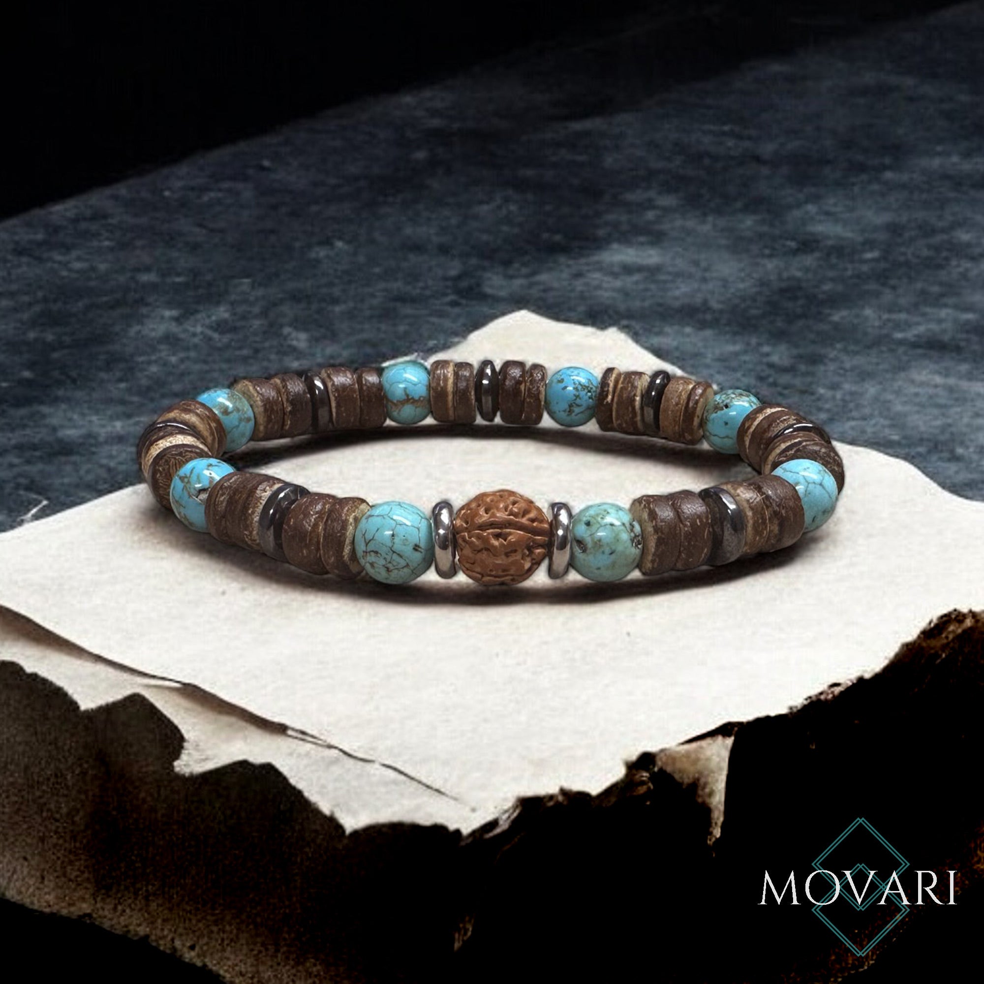 Bohemian Bracelet Rudraksha Turquoise Hematite and Coconut Tibetan