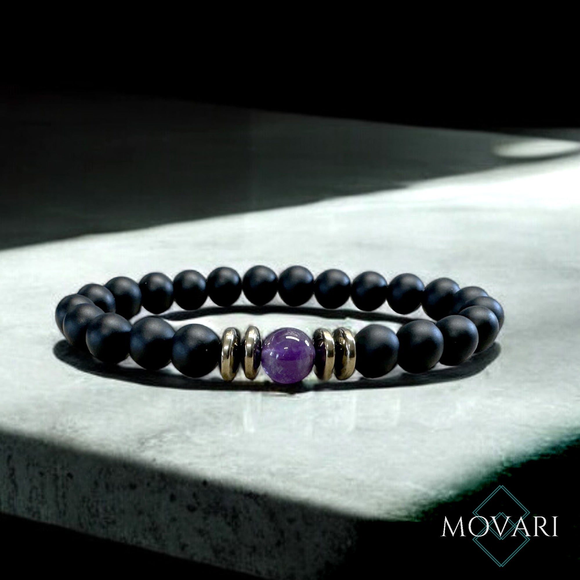 amethyst, onyx and pyrite bead bracelet