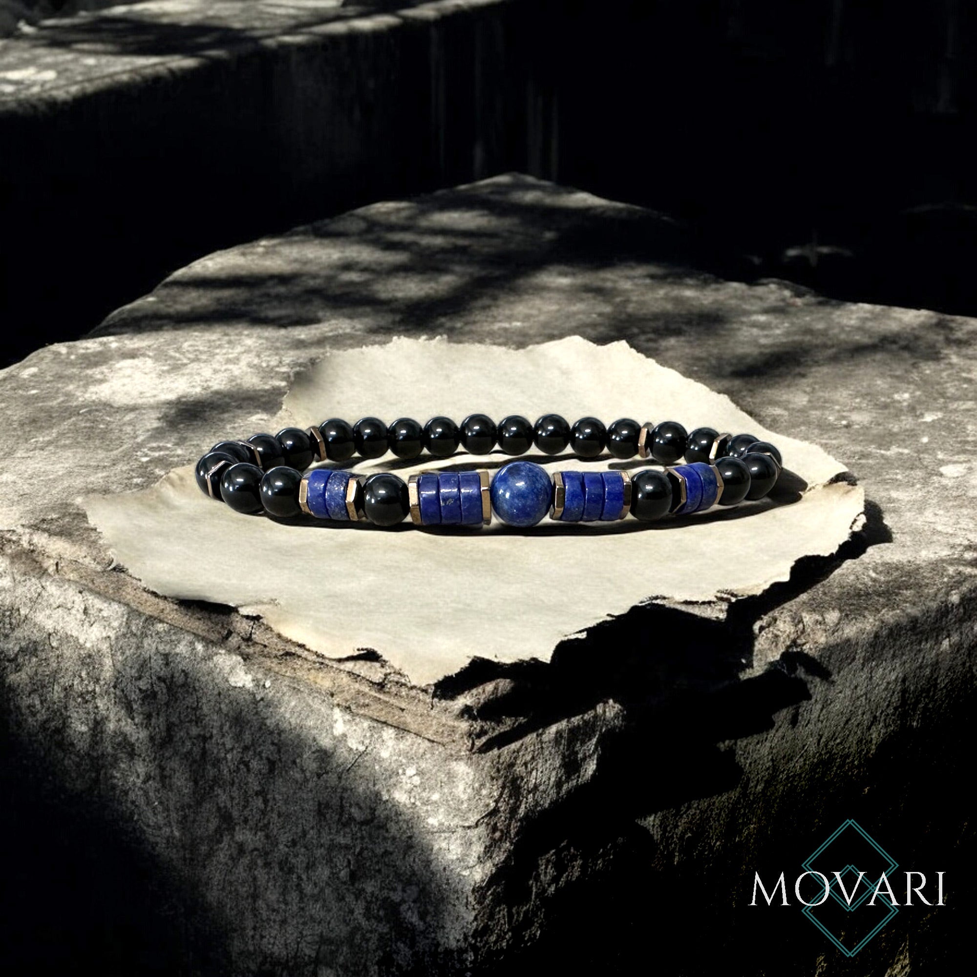 Men's Good Luck Bracelet 6mm Indigo Lapis Lazuli Black Obsidian