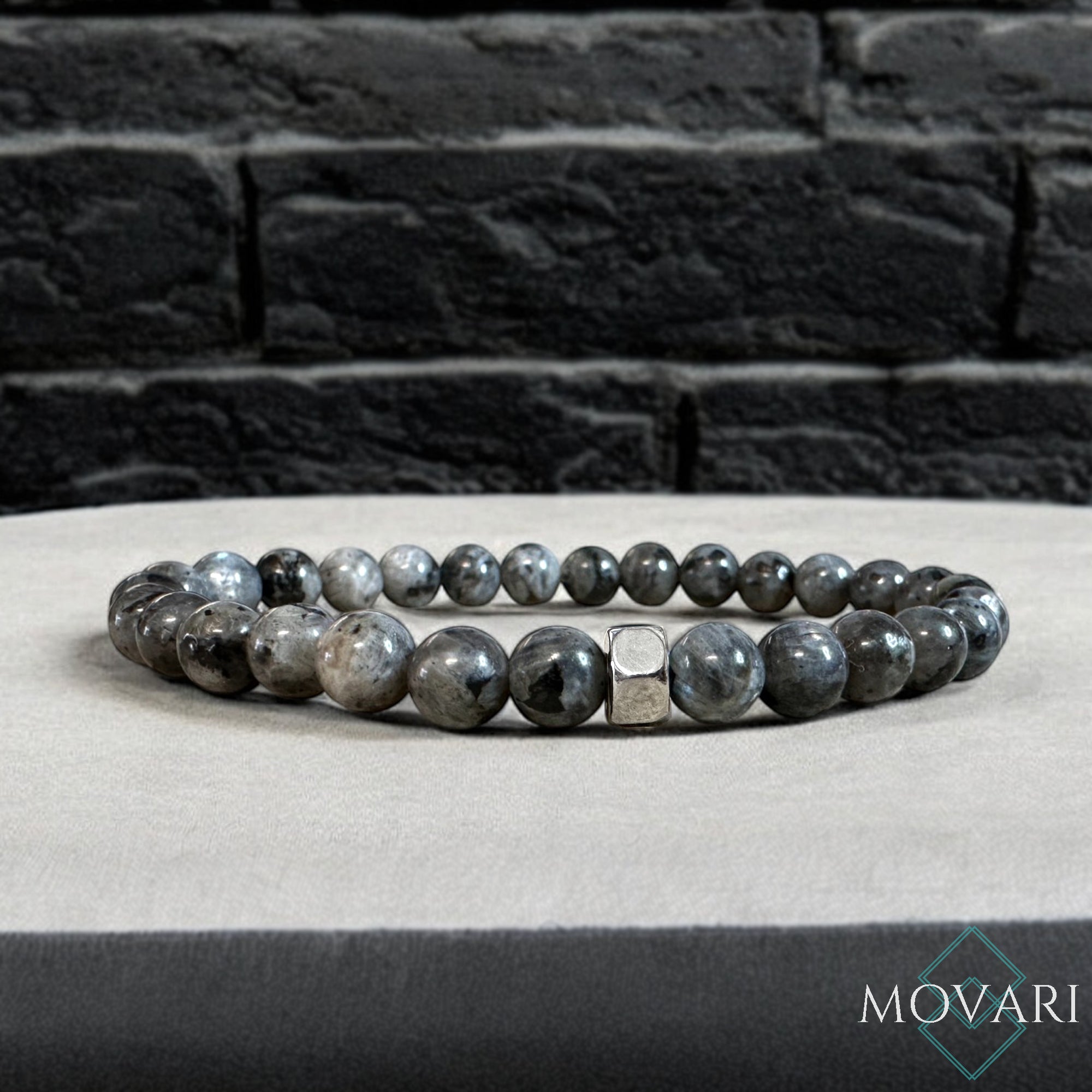 Mens Gray Bead Bracelet Flash Larvikite Hex Nut 6mm Hipster Style