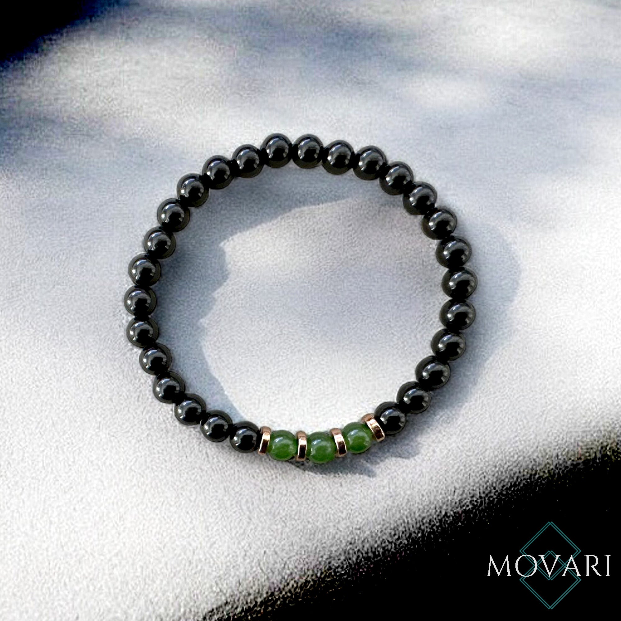 Mens Bead Bracelet Green Jade Obsidian and Copper 6mm