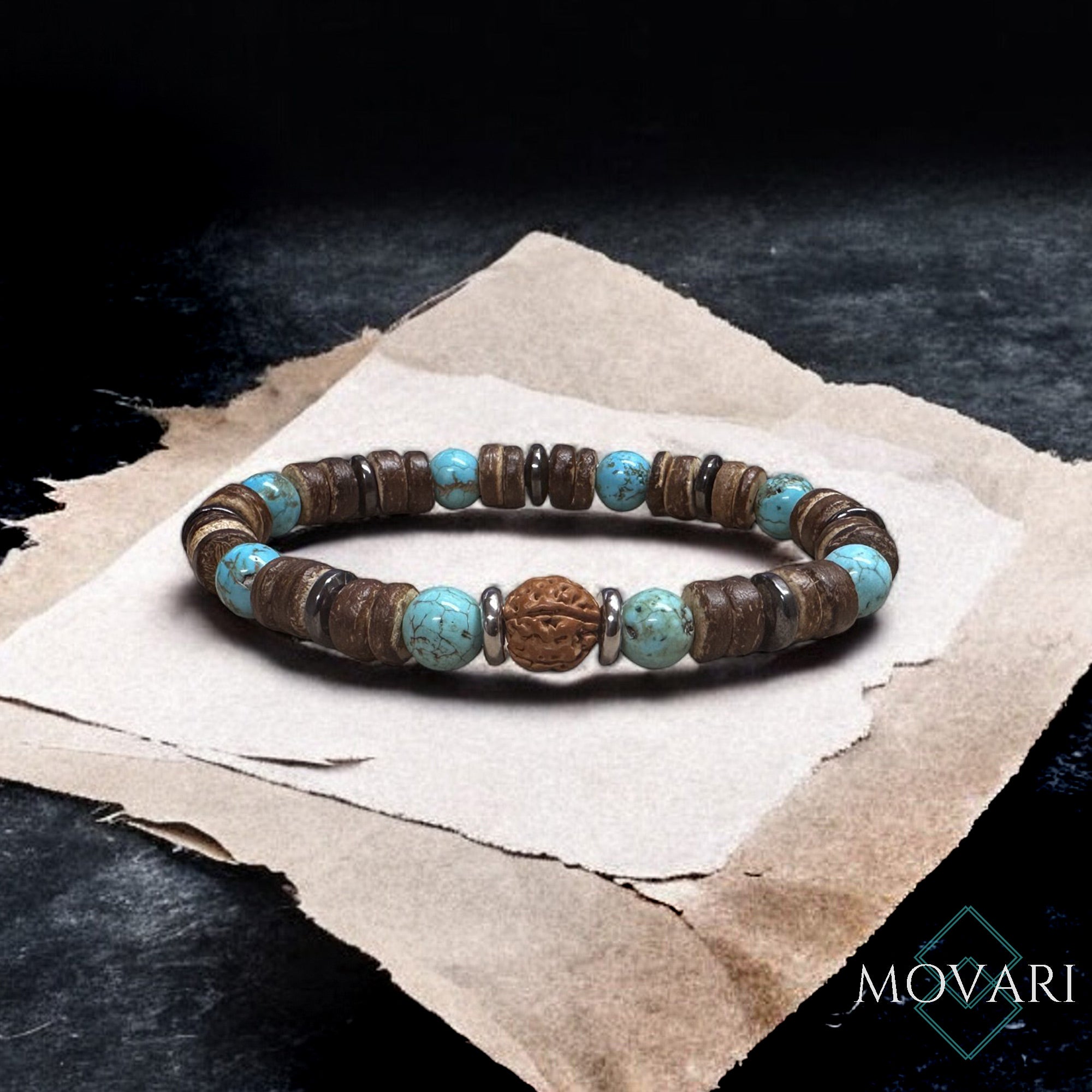 Bohemian Bracelet Rudraksha Turquoise Hematite and Coconut Tibetan