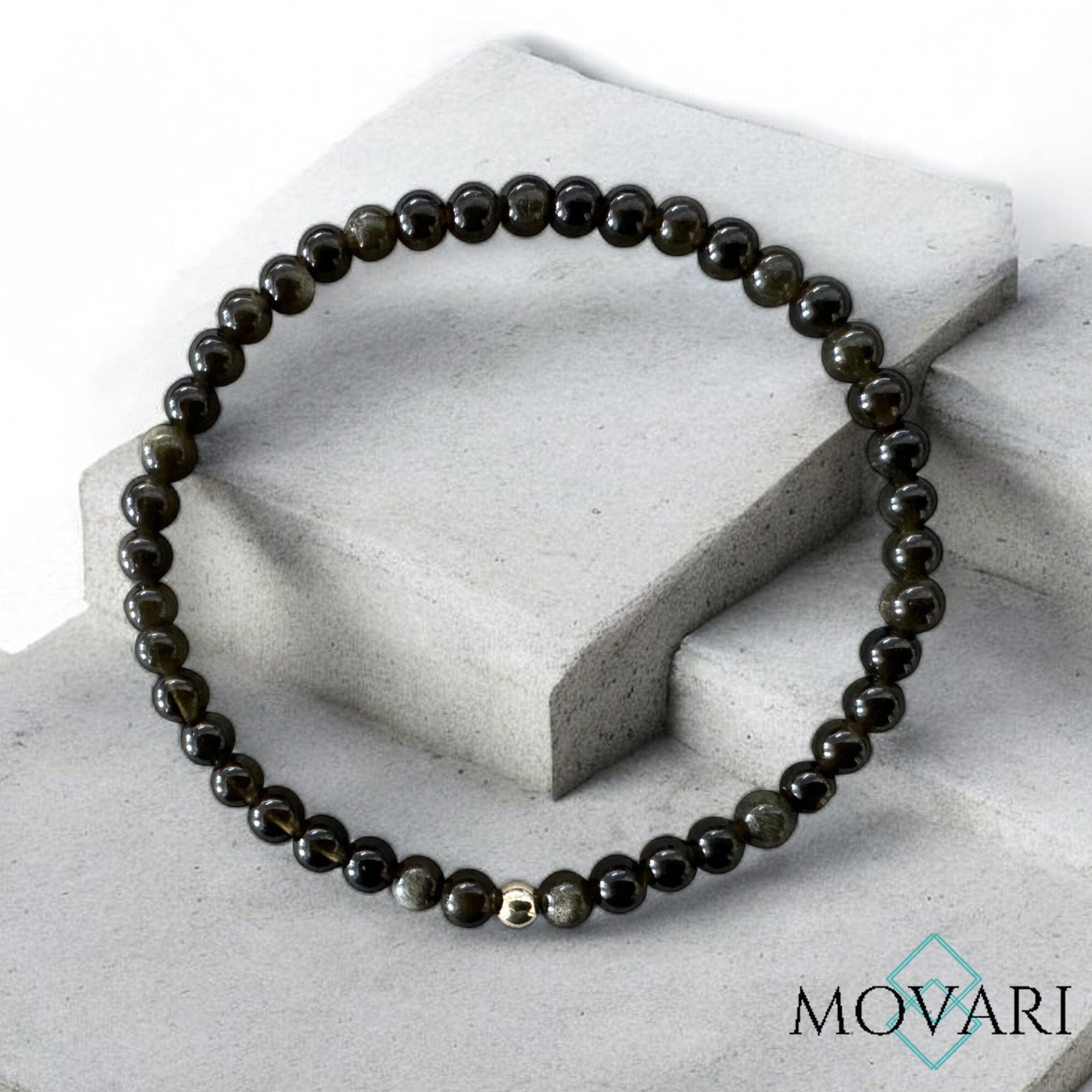 Mens Sophisticated Bead Bracelet Obsidian 14K Gold Filled 4mm minimal