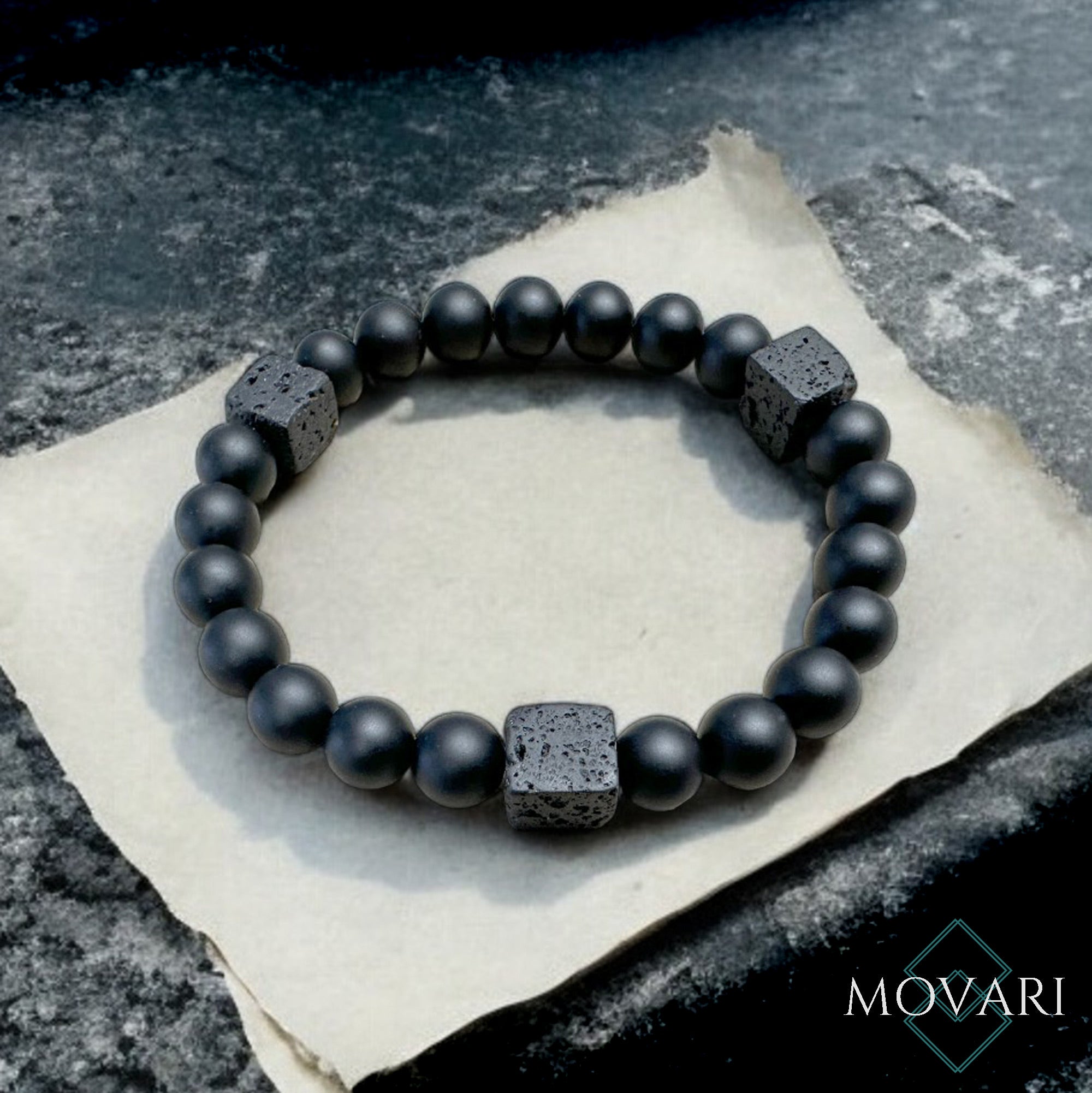Mens Black Bracelet 8mm Matte Black Onyx with Lava Cube Beads