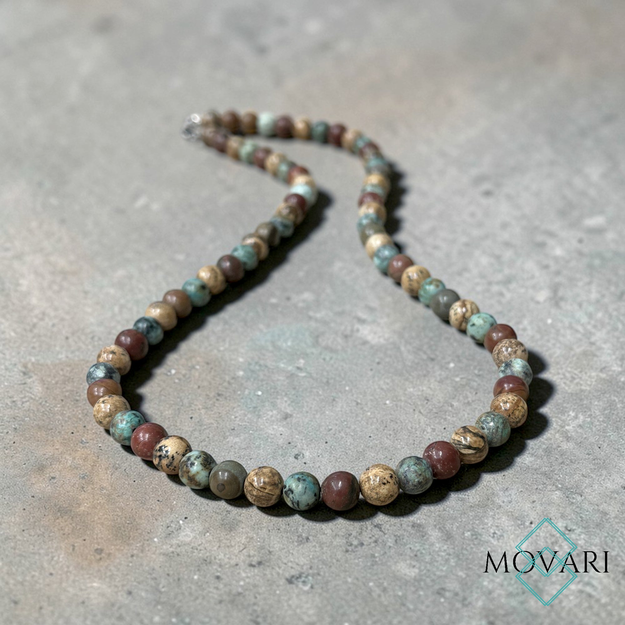 The Nomad Bead Necklace African Turquoise, Red Creek Jasper & Picture Jasper Bohemian Surf Jewelry