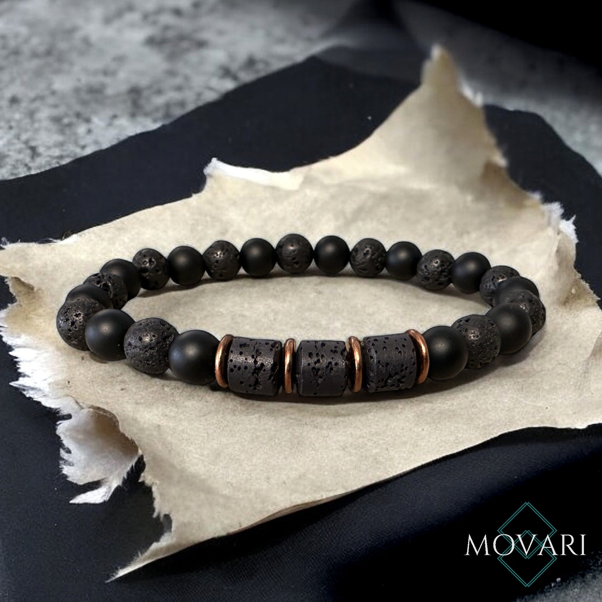 Mens Black Bead Bracelet Onyx Lava Cylinder Copper Essential Oils 8mm