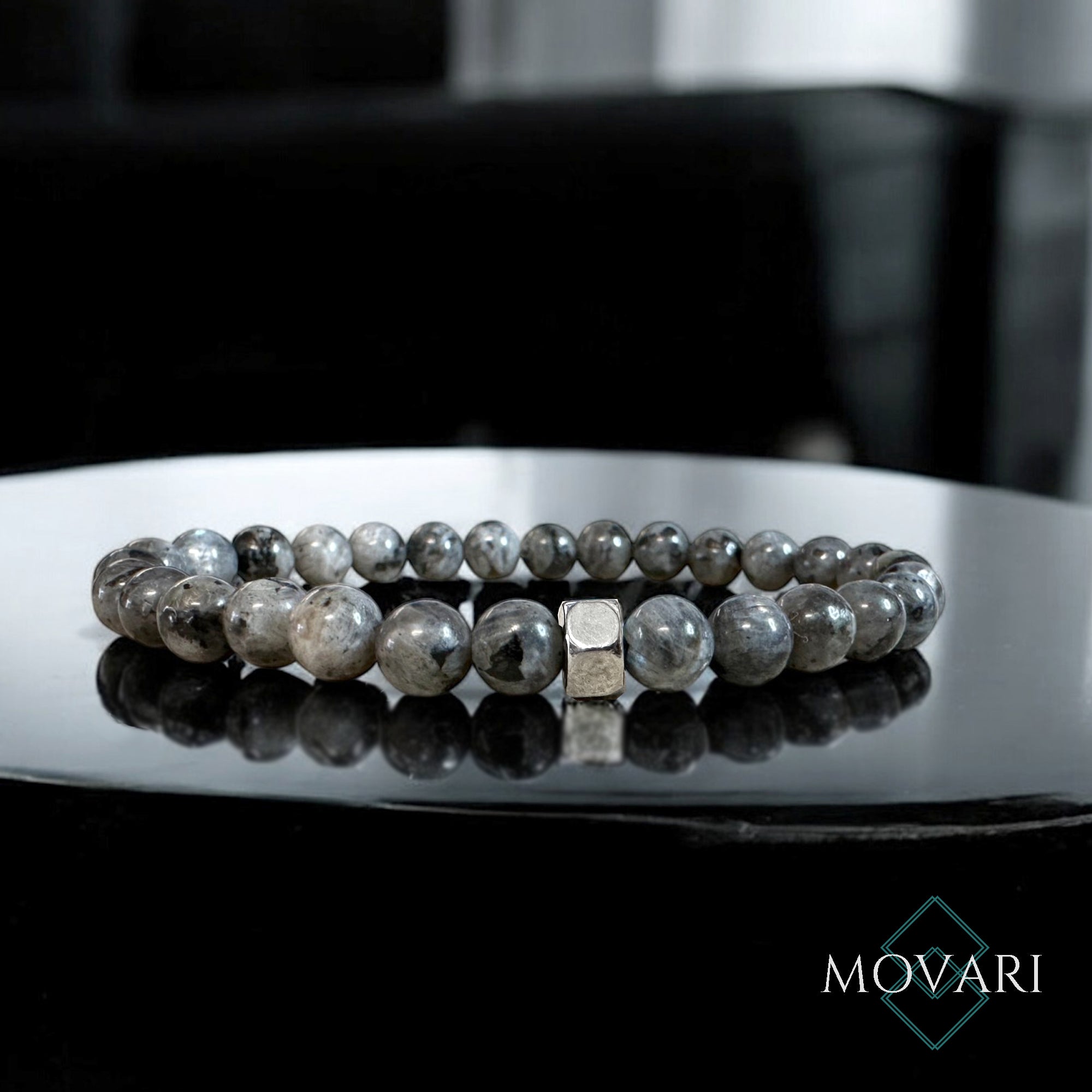 Mens Gray Bead Bracelet Flash Larvikite Hex Nut 6mm Hipster Style