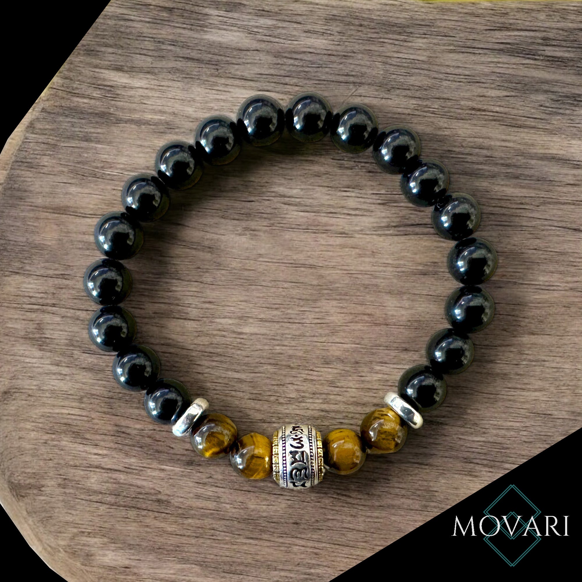 6 Syllable Beaded Elastic Bracelet Om Mani Padme Hum Tigers Eye