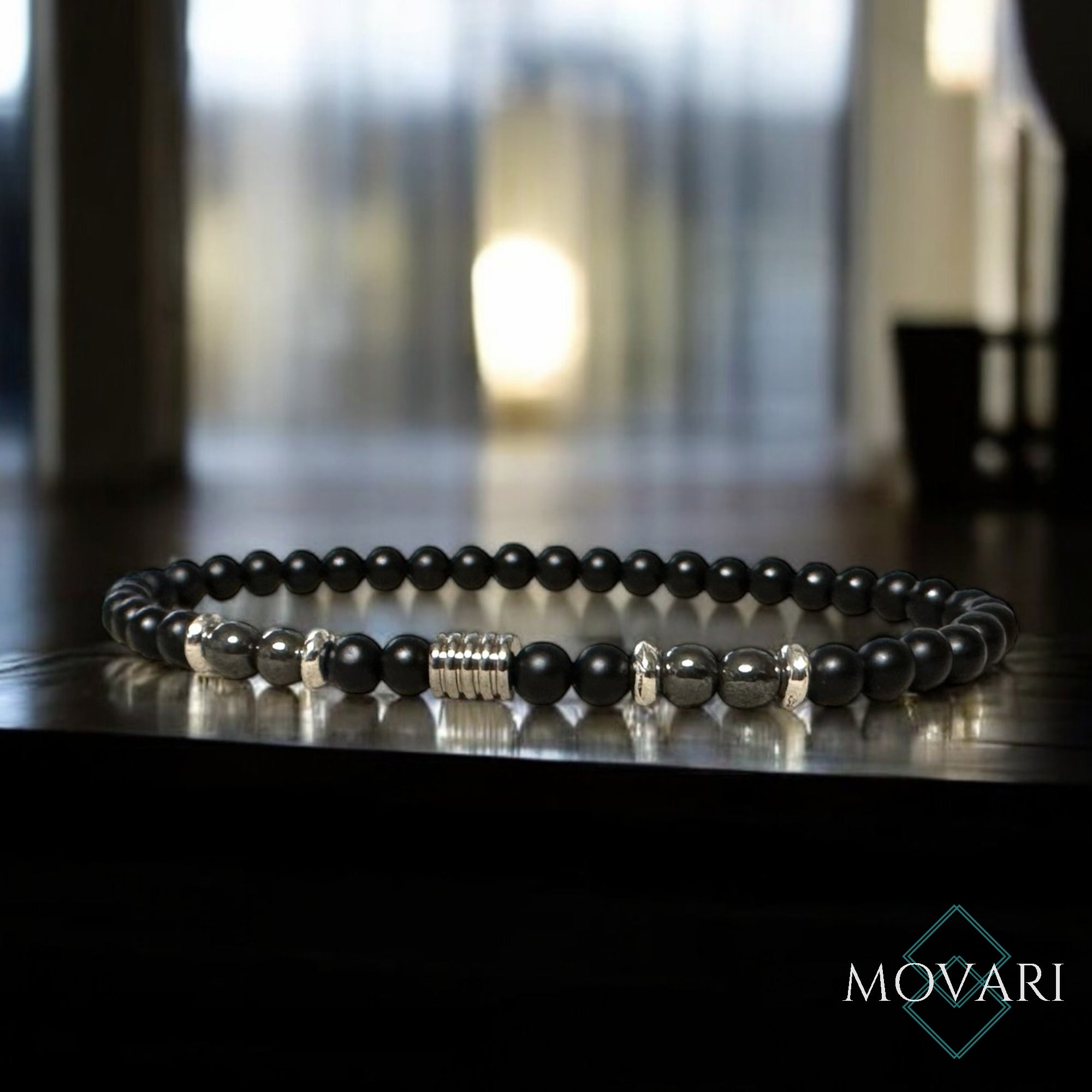 Mens 4mm Bead Stretch Bracelet AAAA Matte Onyx Silver hematite Sleek Custom Fit