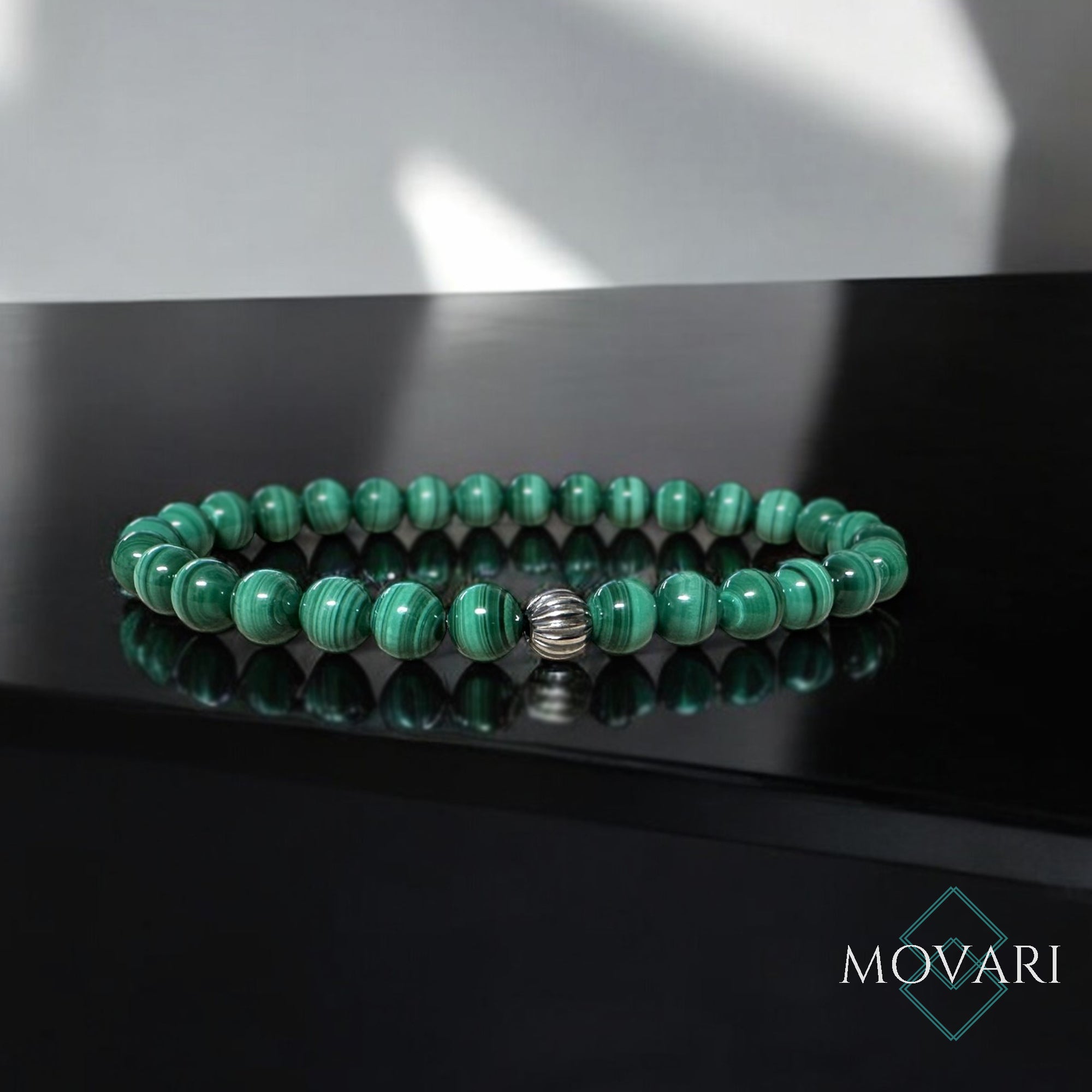 Malachite 6mm Bead Bracelet 925 Silver Sphere Green Beads Gemstones