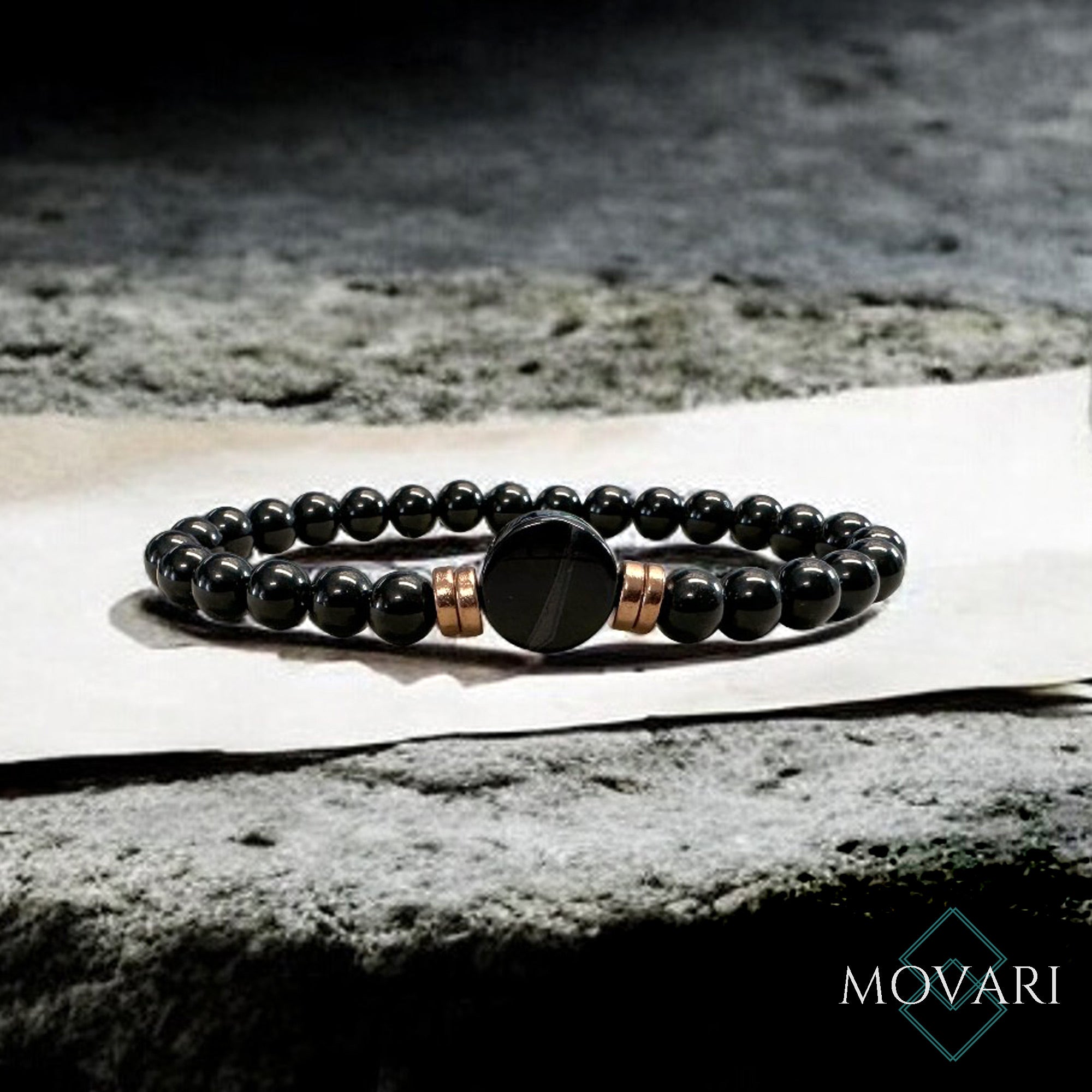 AAAA Obsidian Onyx Coin And Copper Bead Stretch Bracelet Protection