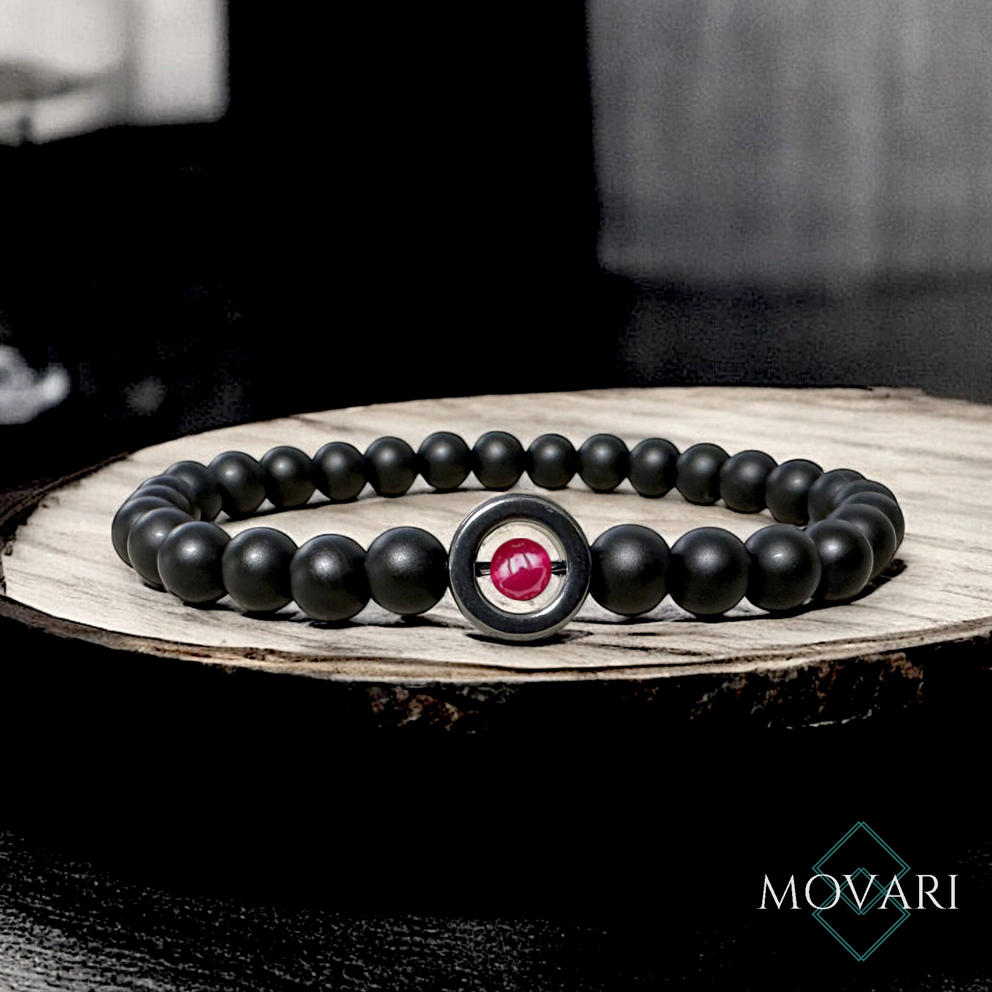 Unique Ruby Bracelet 6mm Black Onyx Hematite July Birthstone stretchy