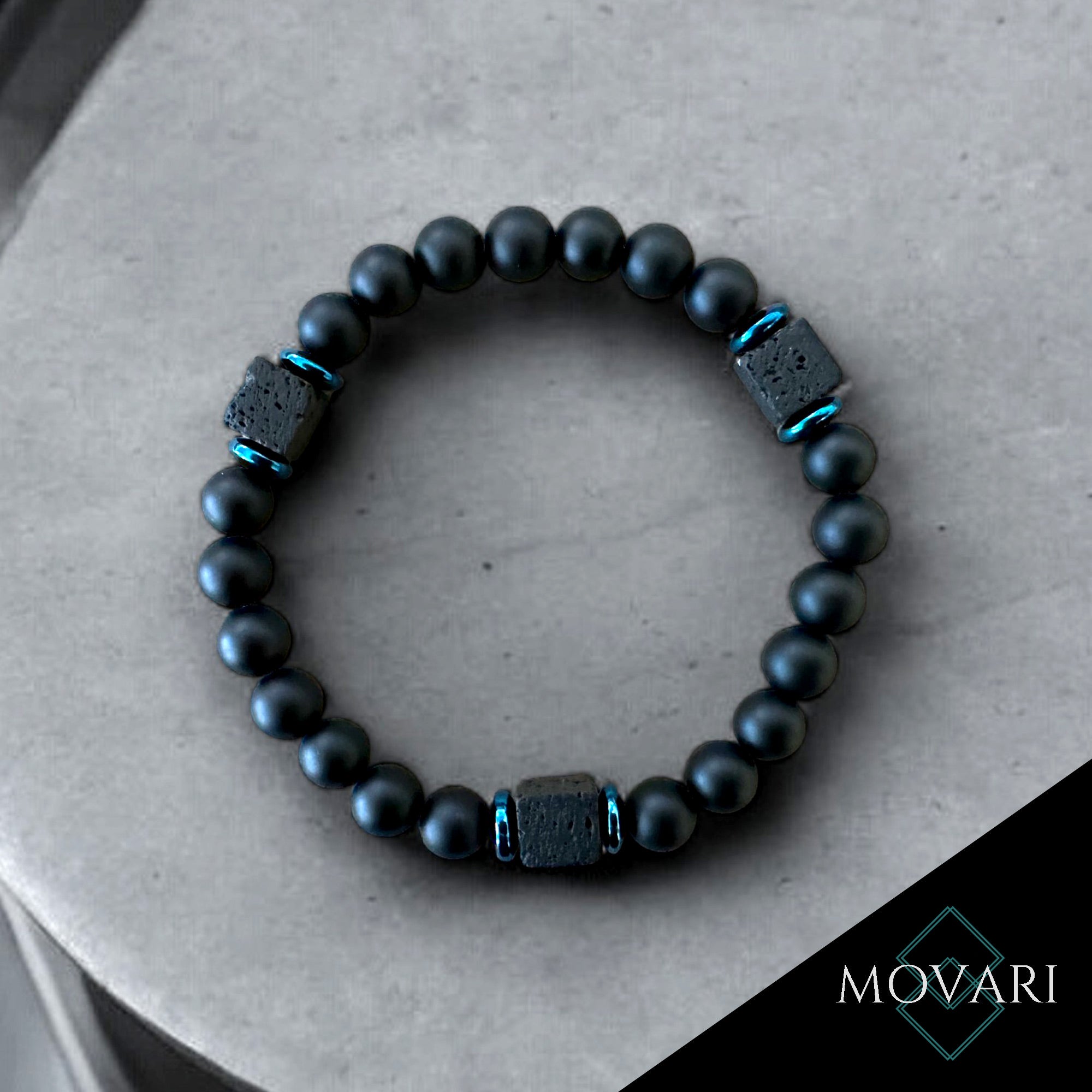 Handmade Mens Bracelet Black Onyx Lava Cubes Blue Hematite