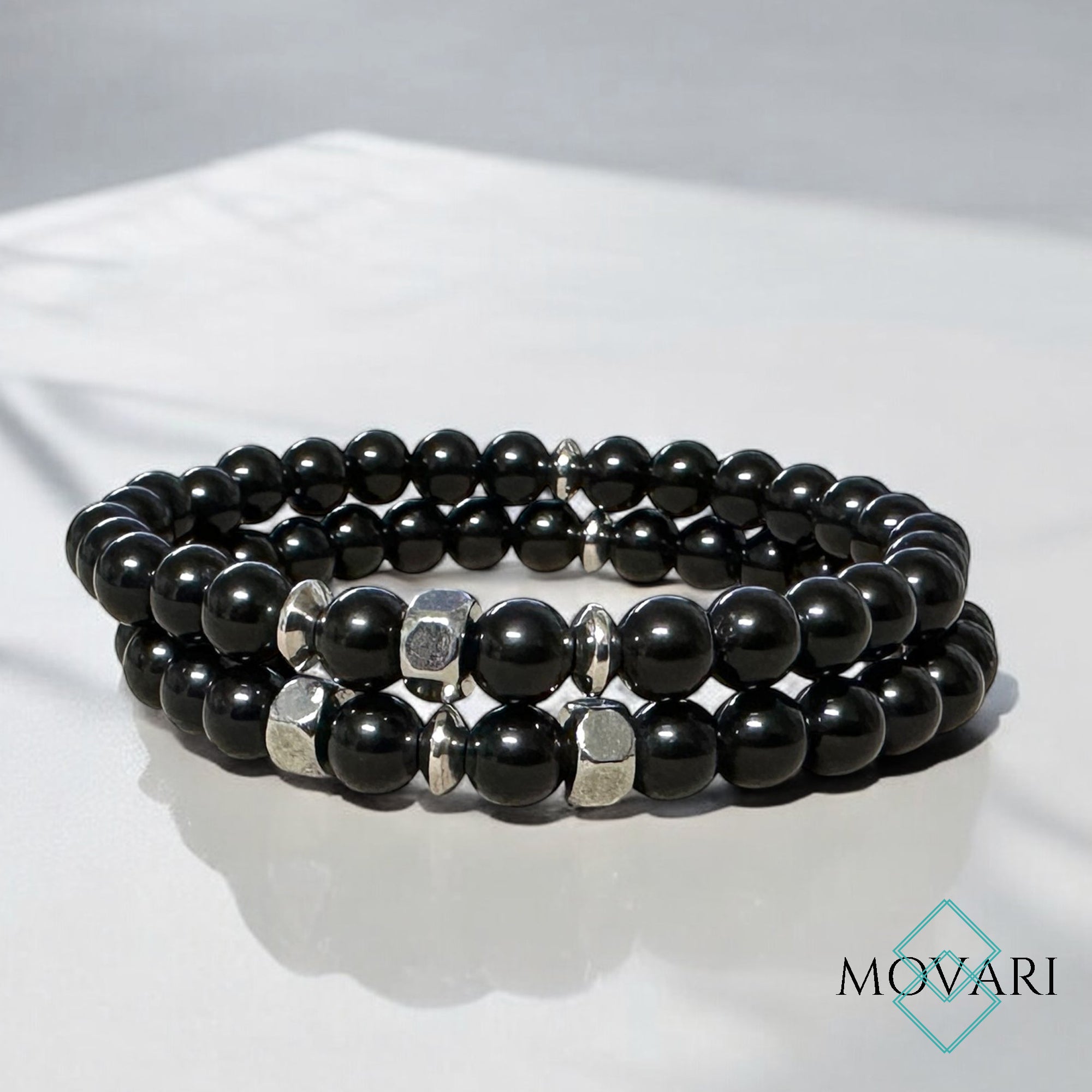 Mens Bracelet Set Of Two Black Obsidian 6mm Bead Stacking Bracelets Bolts