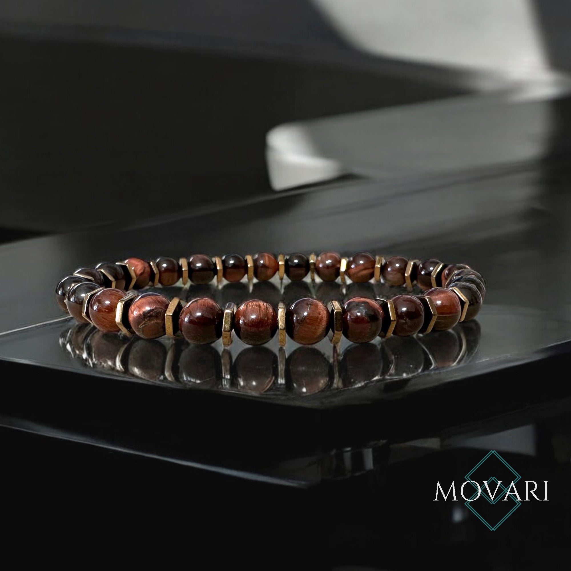Red Tiger's Eye Bracelet For Men Copper Hexagon and Hematite on glass table