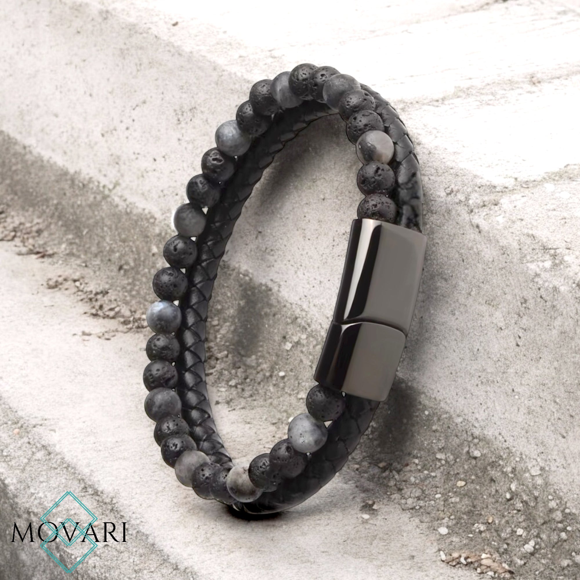Matte Labradorite and Lava Men's double Leather and steel Bracelet