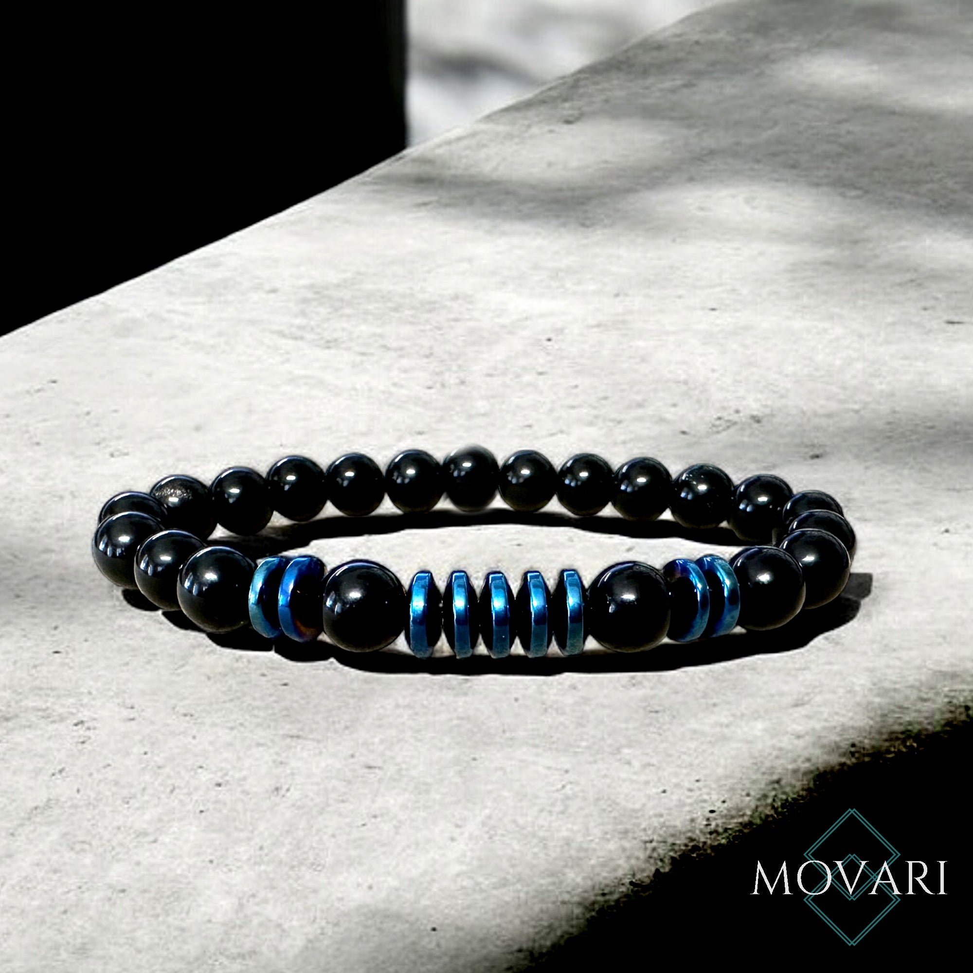 Mens Bead Bracelet Custom Jewelry AAAA Black Obsidian Blue Hematite