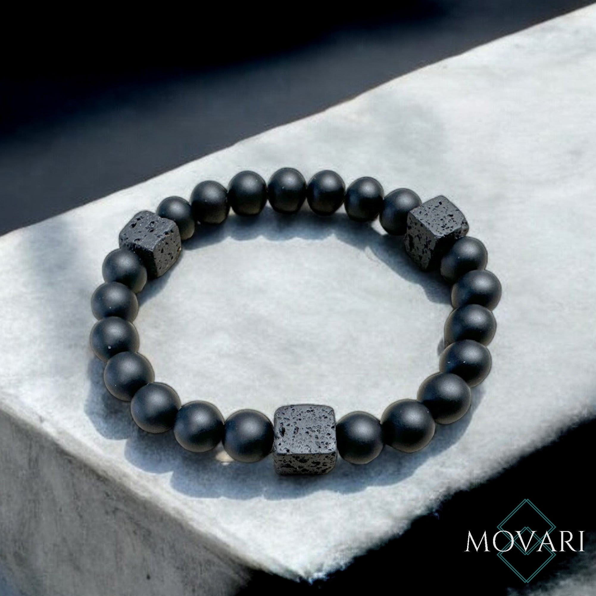 Mens Black Bracelet 8mm Matte Black Onyx with Lava Cube Beads