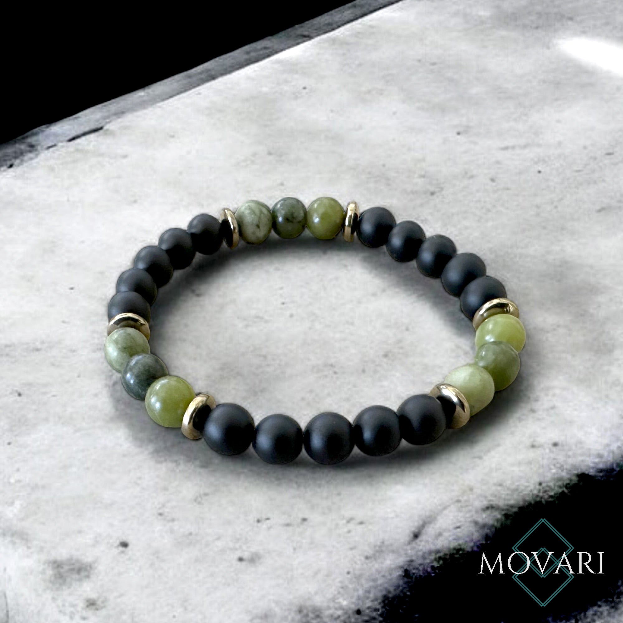 Mens Bracelet 8mm Jade Onyx Pyrite Luck and Prosperity