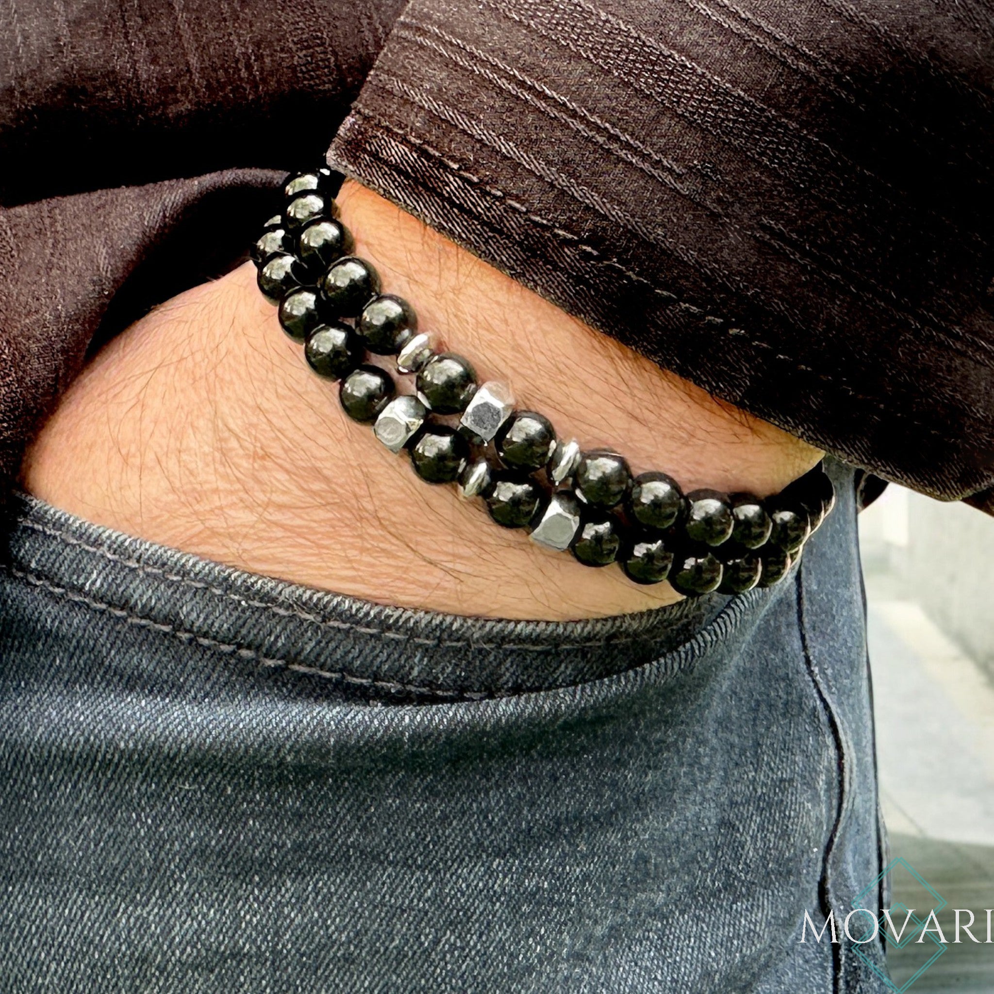 Mens Bracelet Set Of Two Black Obsidian 6mm Bead Stacking Bracelets Bolts