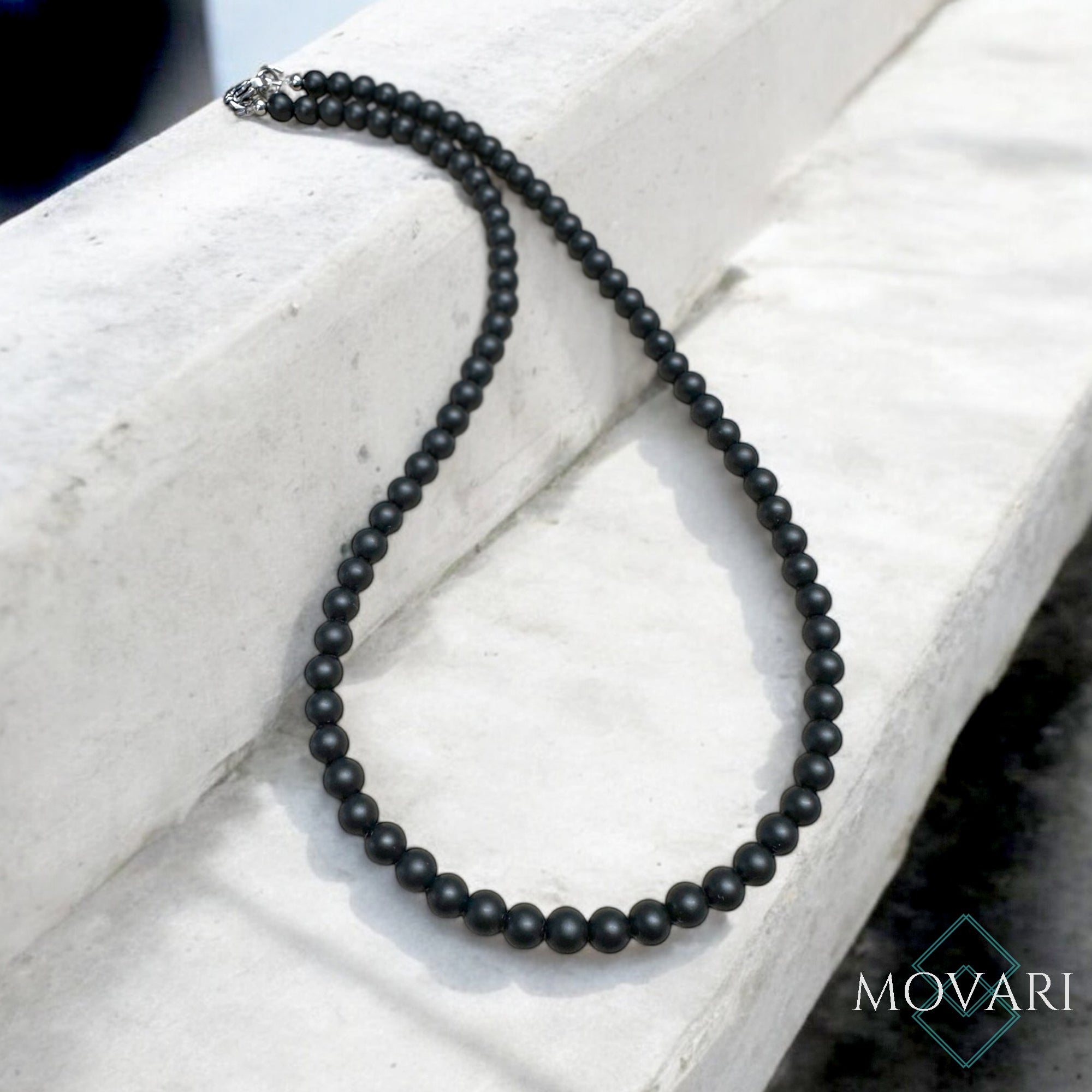 Mens Minimal Black Bead Necklace AAA 6mm Water Proof Gift For Him
