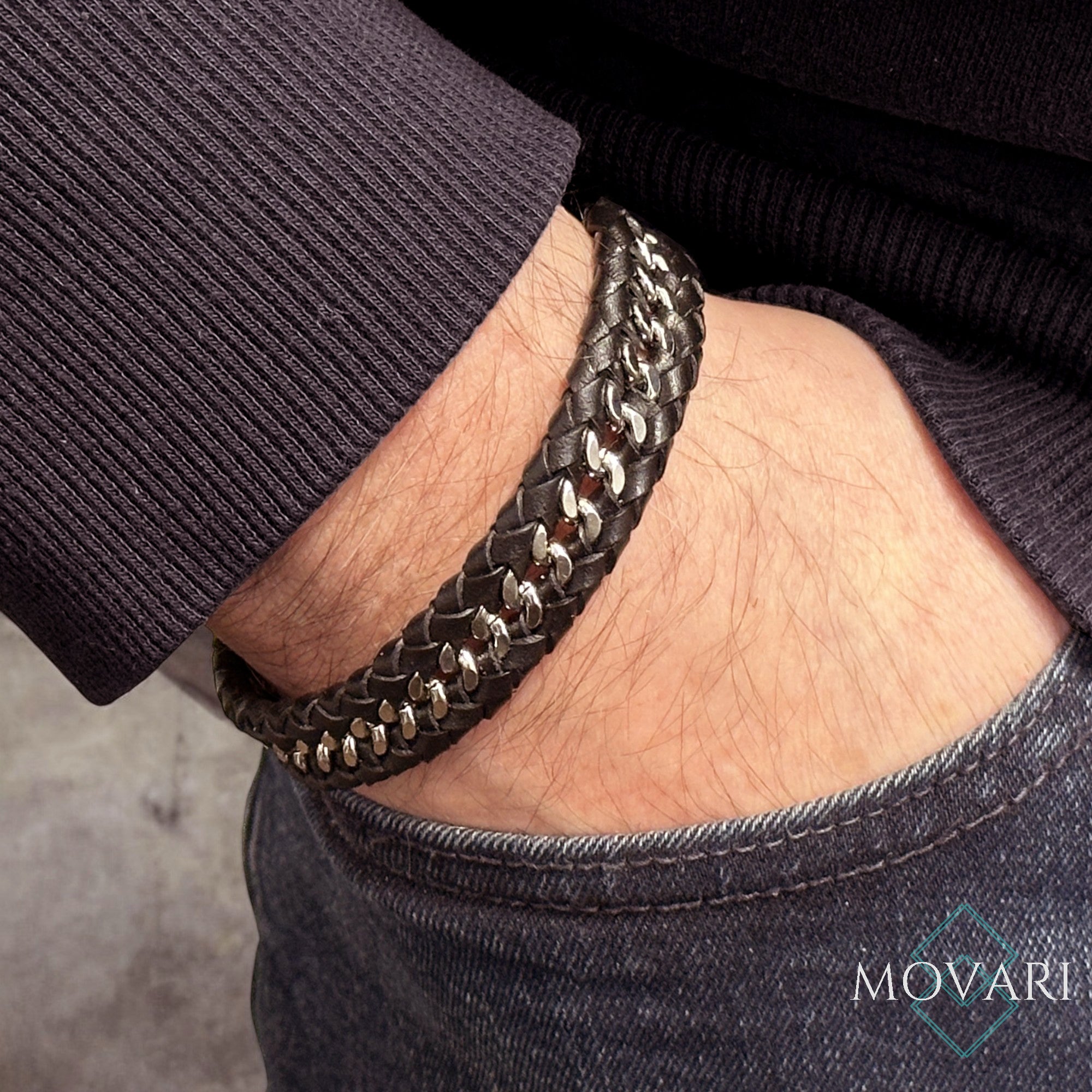 men's wide band black leather bracelet Movari jewelry