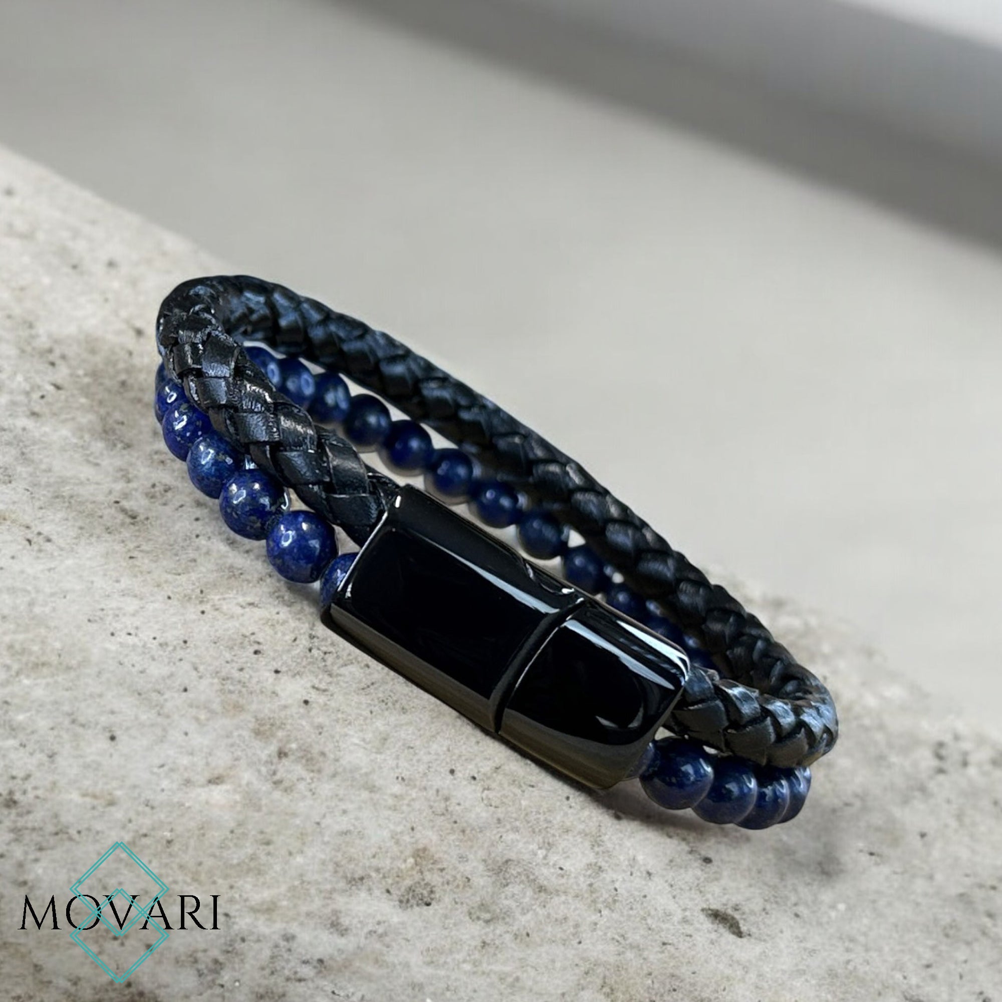 gemstone and leather layered bracelet for men handmade in the USA