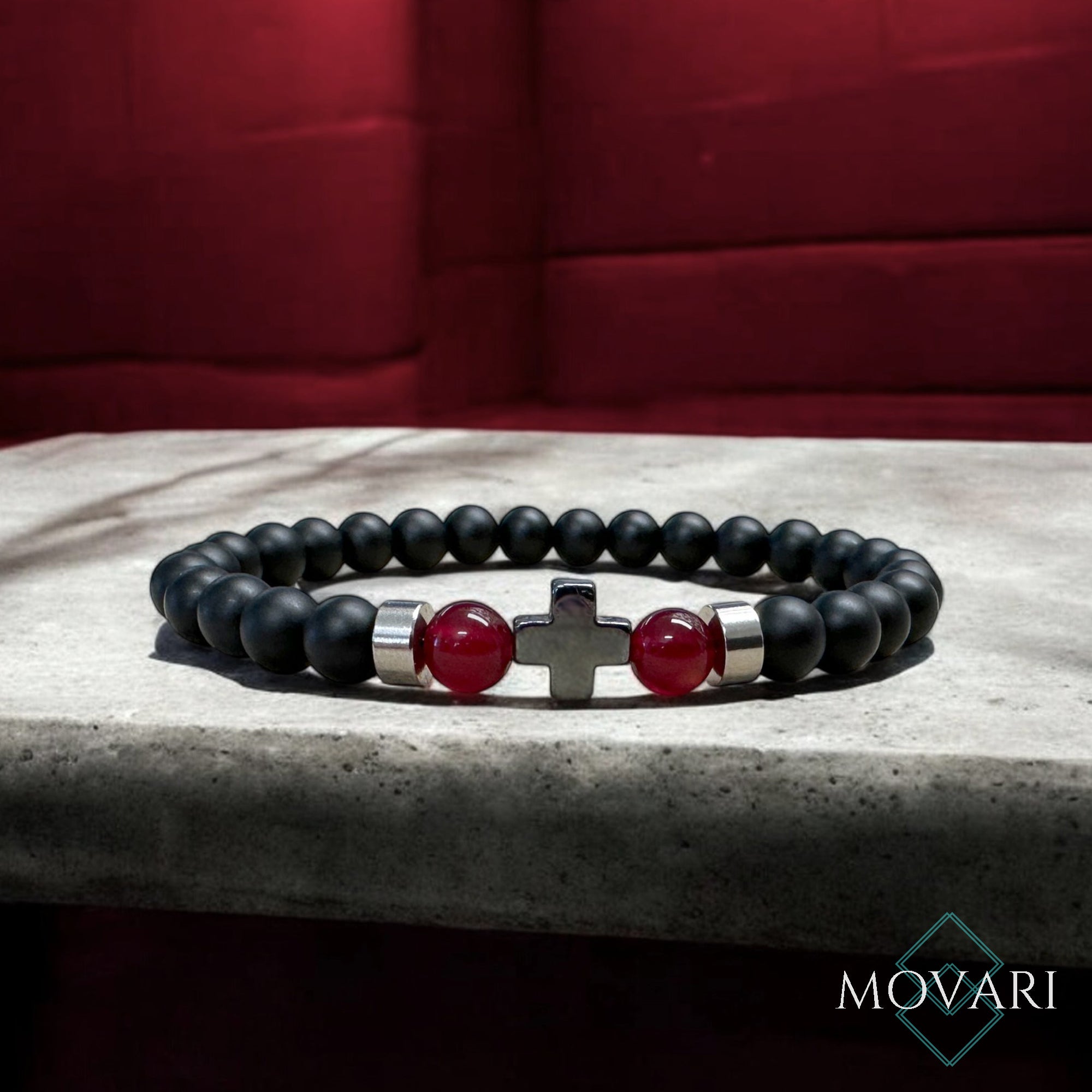 Vampire Bead Bracelet 6mm Gothic Bracelet Blood Red Jade Hematite Cross