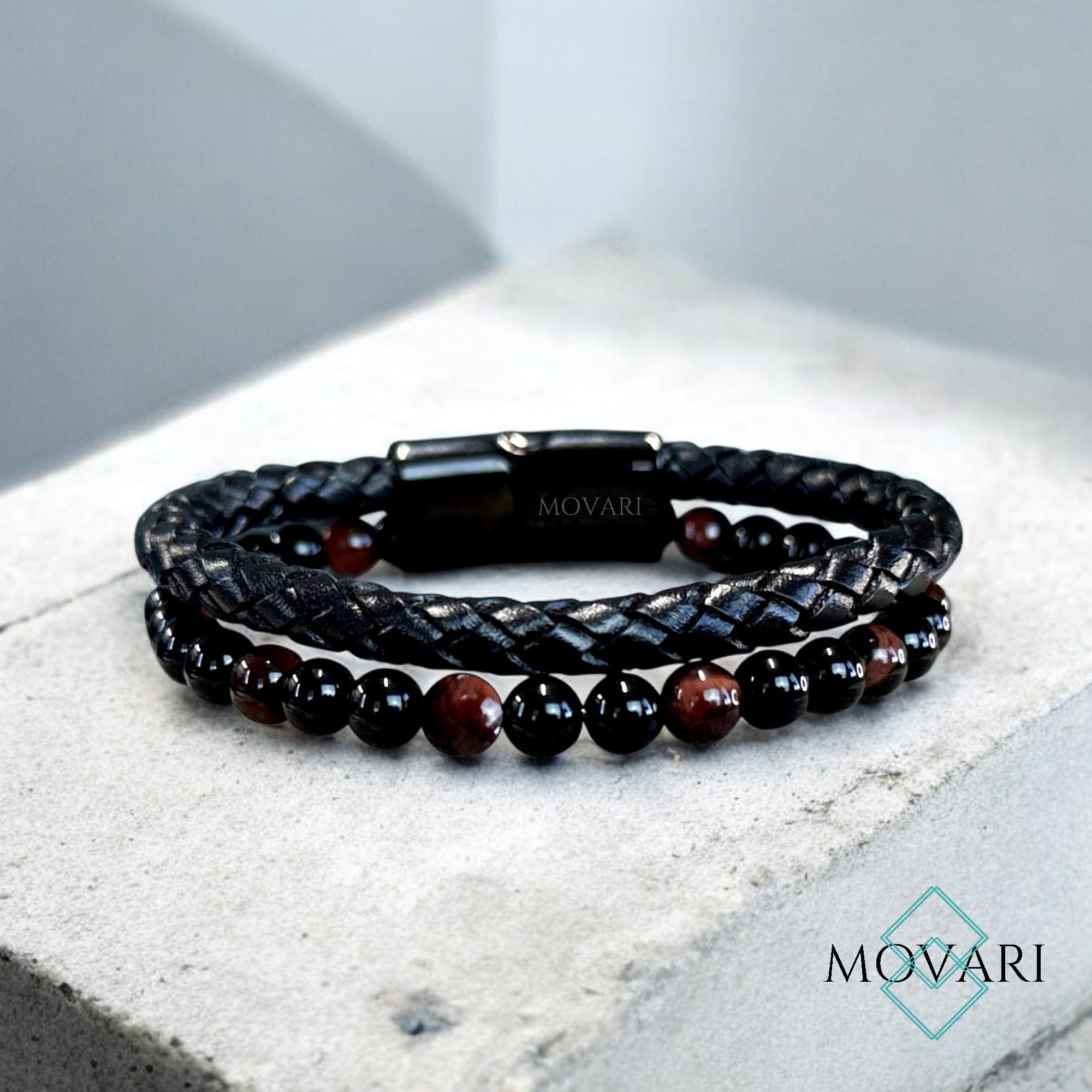 Obsidian Red Tigers Eye Layered Braided Leather Bracelet for men
