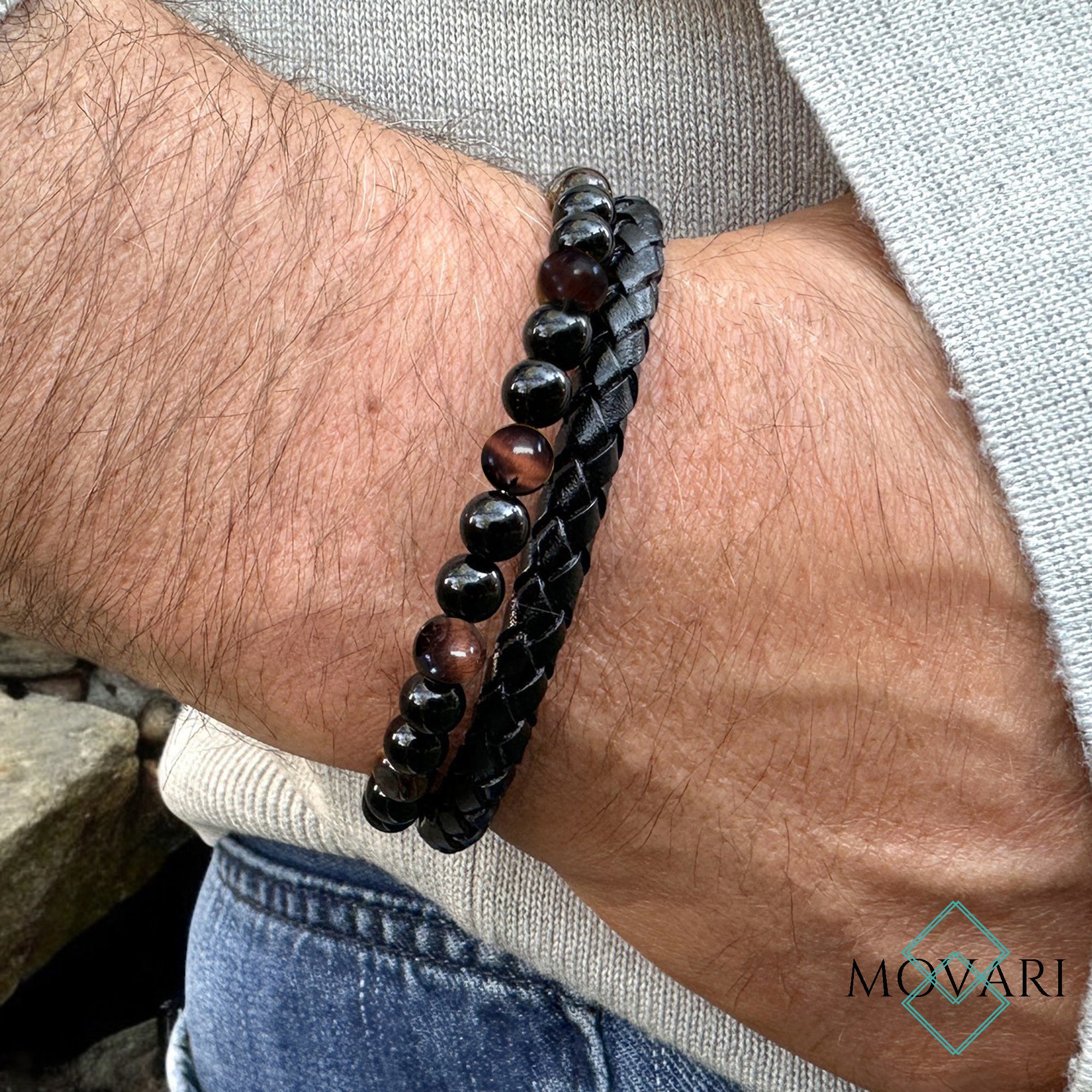 Red Tigers Eye black Obsidian Layered Braided Leather Bracelet for men