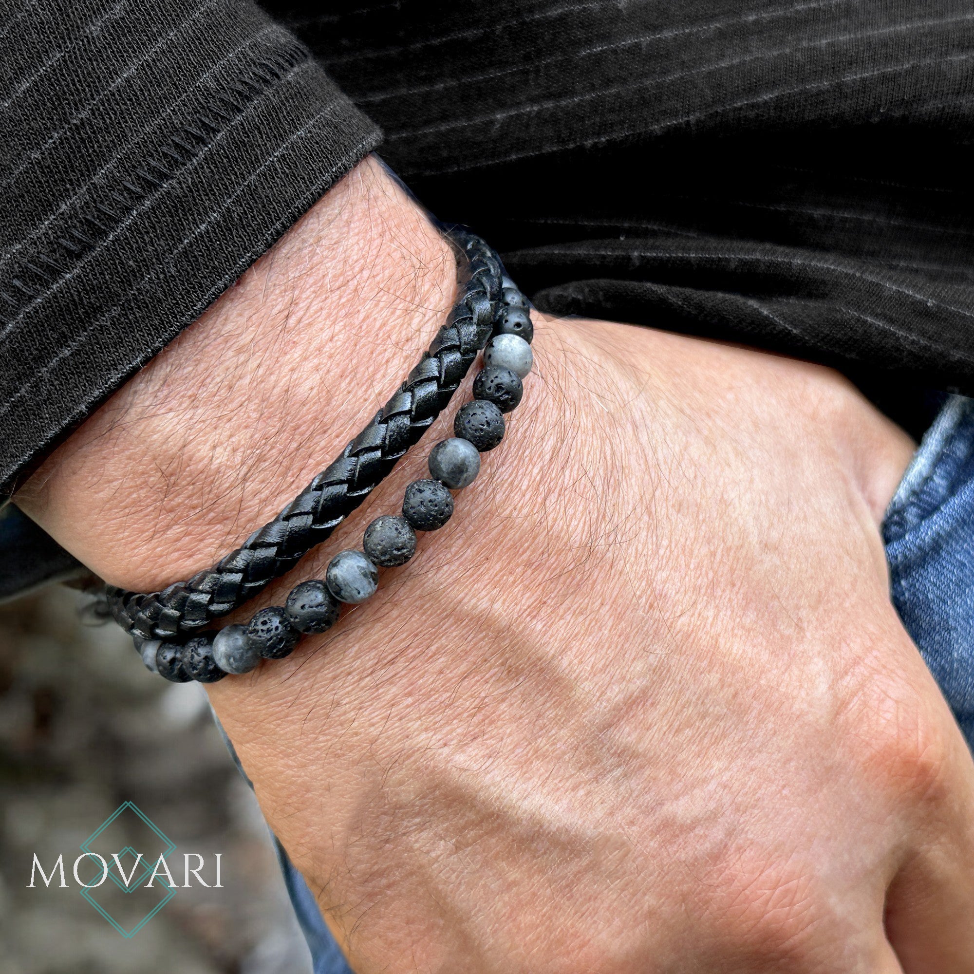 Spectrolite and Lava Men's double Leather Bracelet