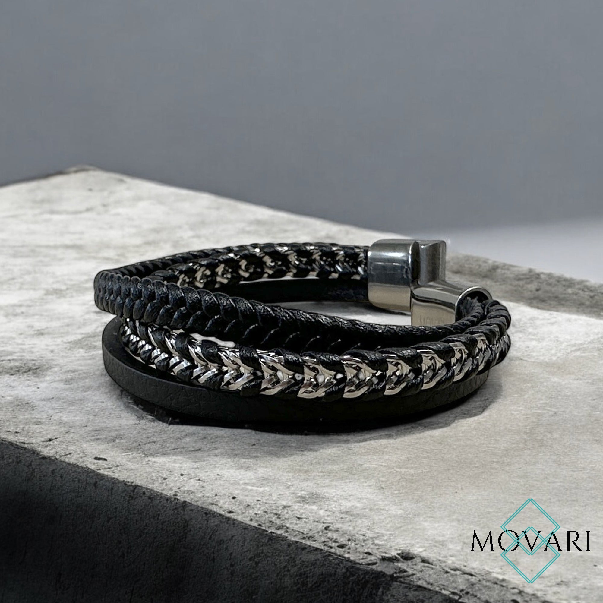 Quality silver and black triple layer handmade men's braided leather bracelet made in America