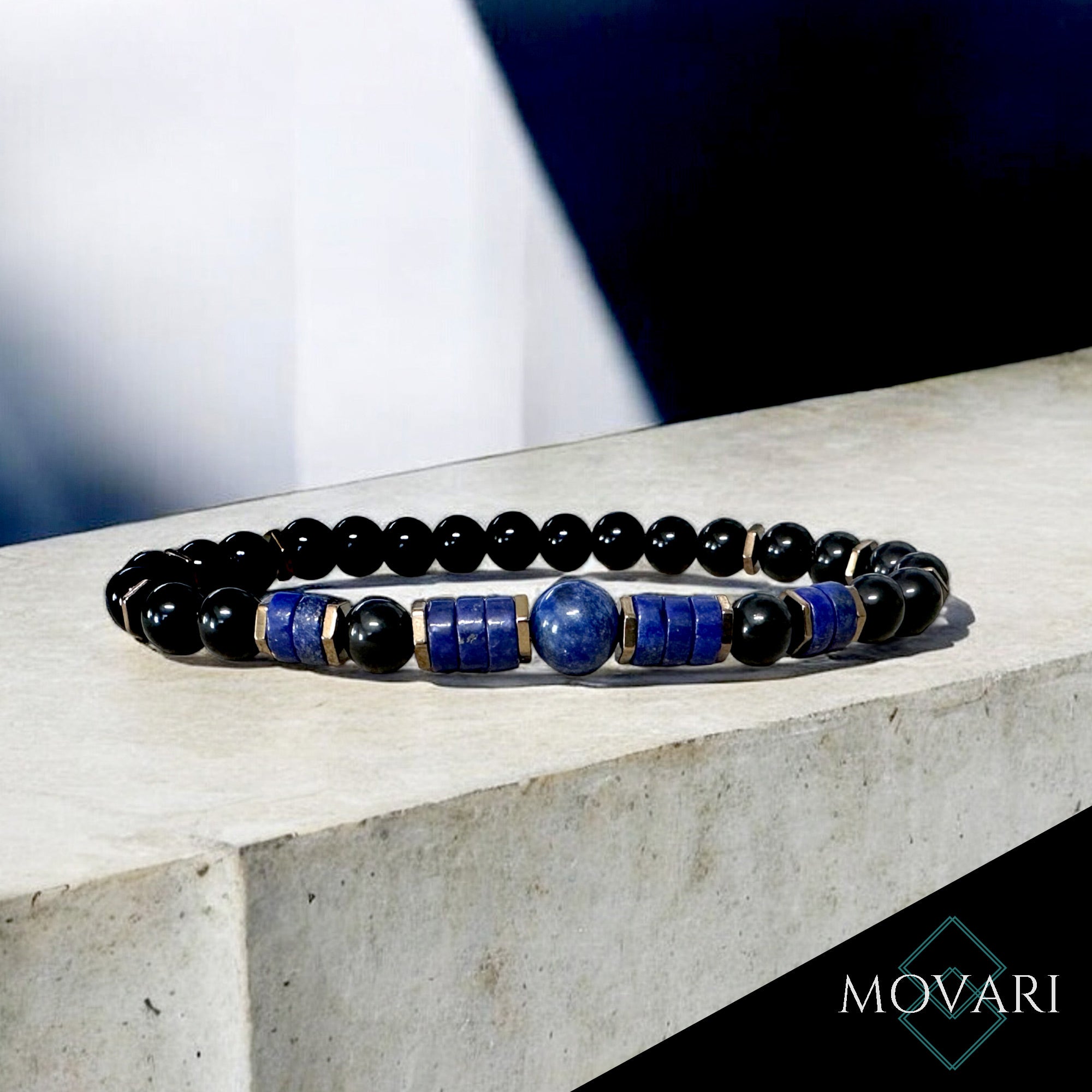 Stylish Men's Good Luck Bracelet 6mm Indigo Lapis Lazuli Black Obsidian