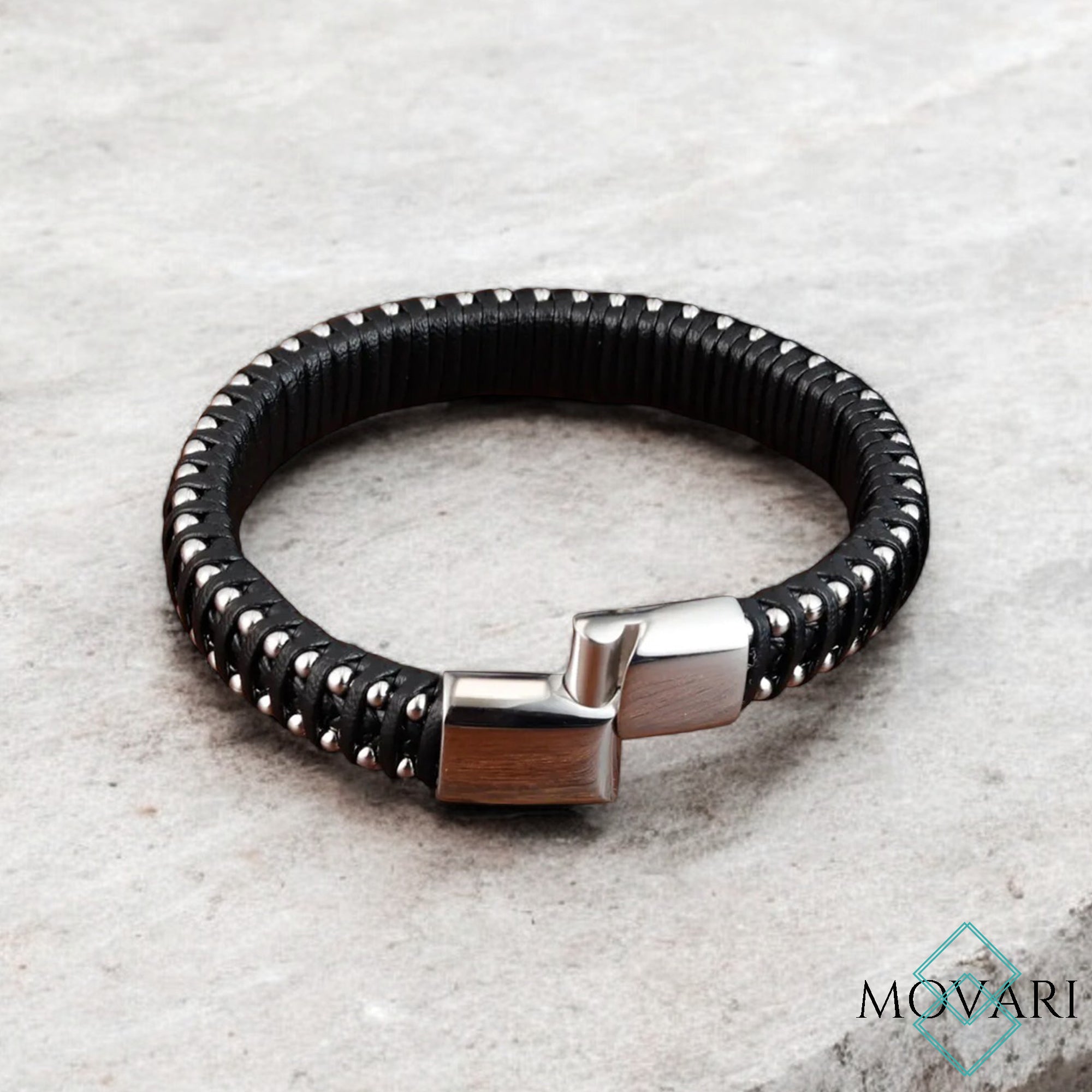 wide band leather and steel bracelet black and silver fashion bracelet for Men handcrafted in the US
