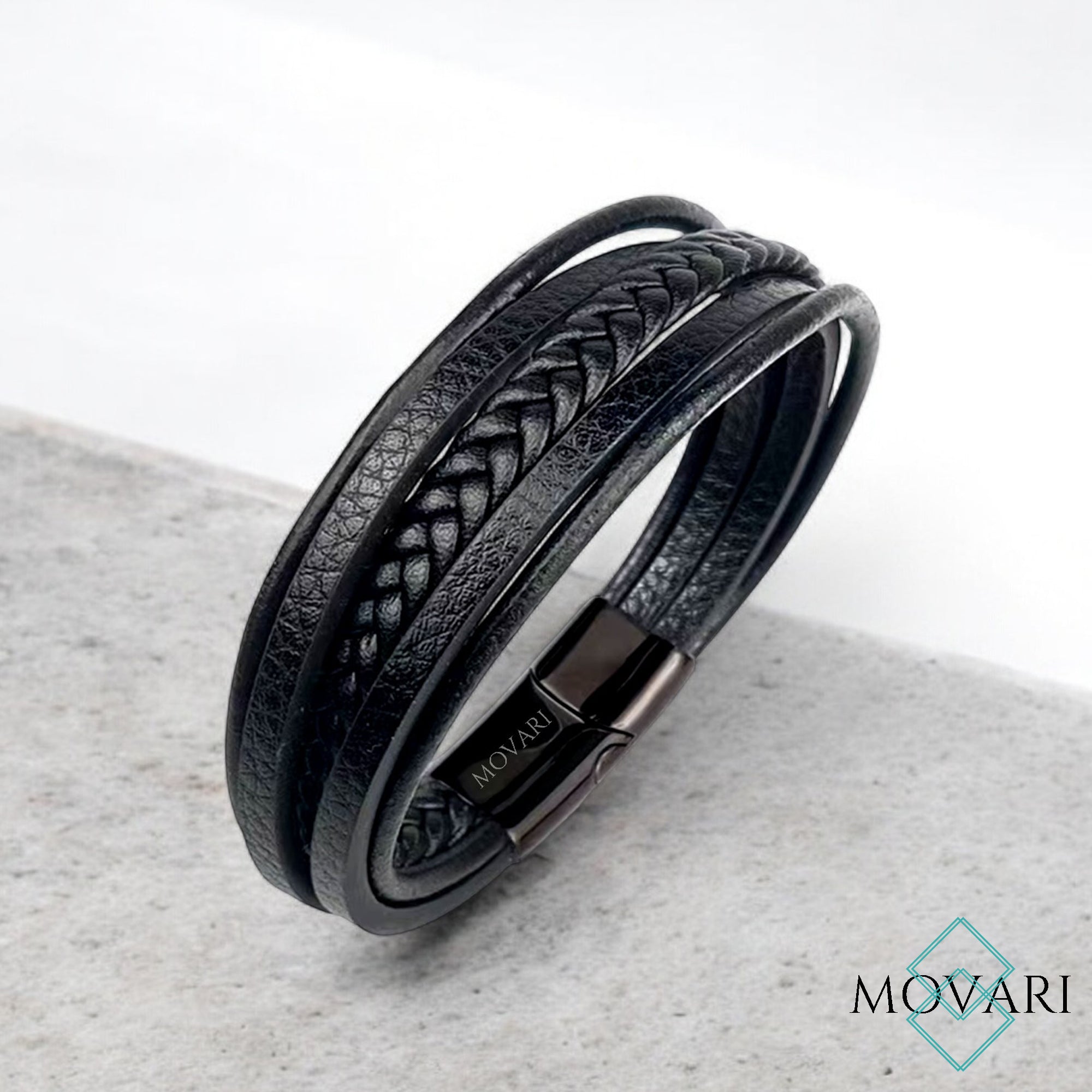 Handcrafted five layer black leather bracelet featuring a black polished stainless steel clasp. Urban style with a modern edge. Perfect gift for him, Movari USA