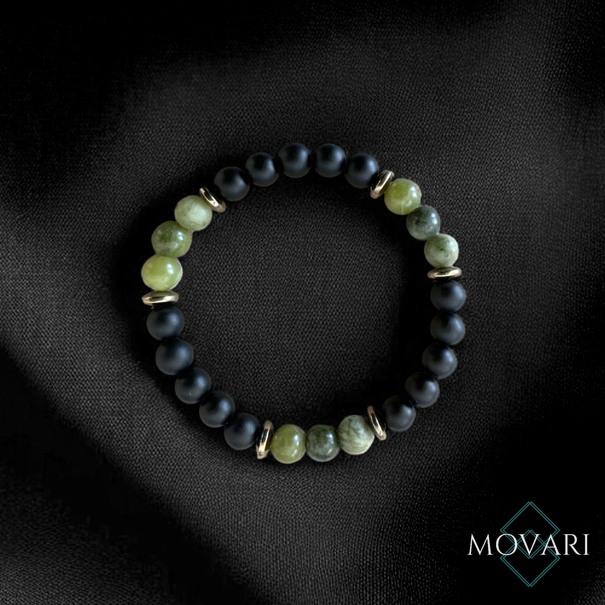 Mens Bracelet 8mm Jade Onyx Pyrite on black fabric